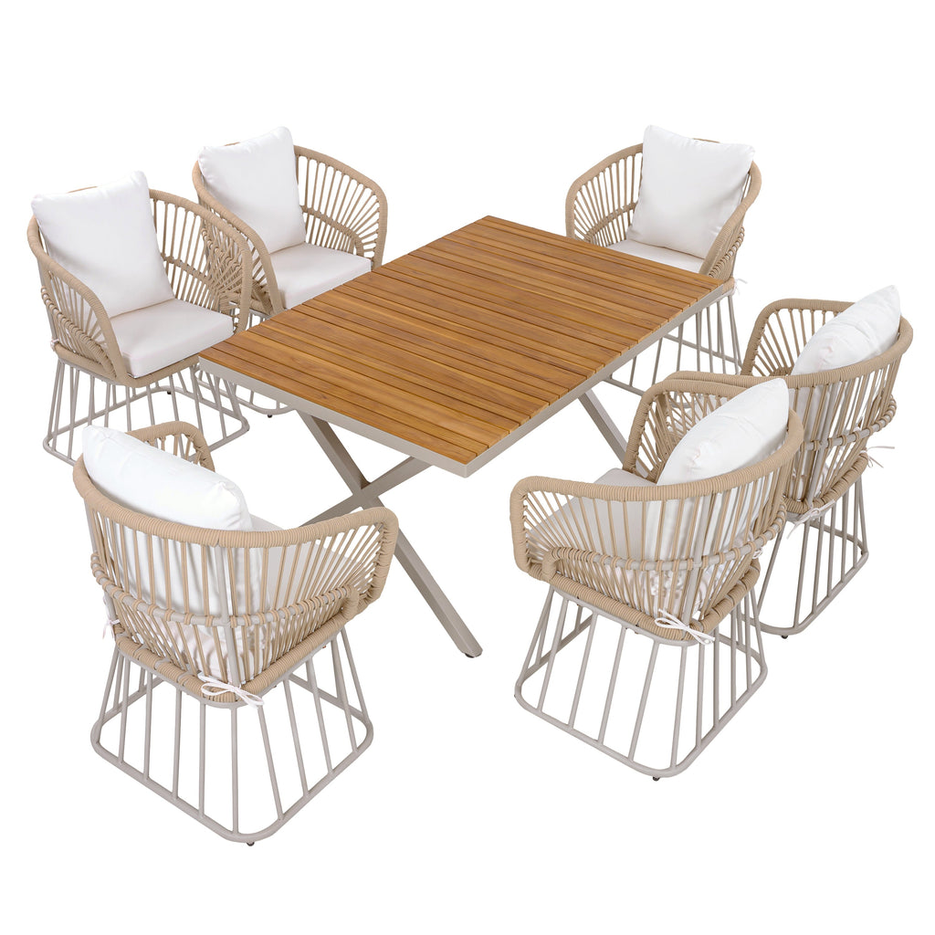 Outdoor Dining Set Teak Table 4 Wicker Chairs Cushions Steel Frame Set