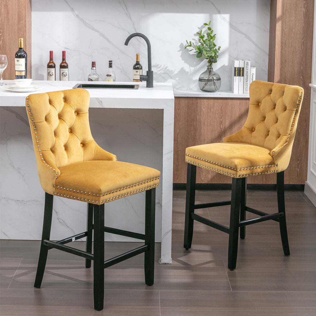 Contemporary Velvet Upholstered Barstools with Button Tufted Decoration (Set of 2)