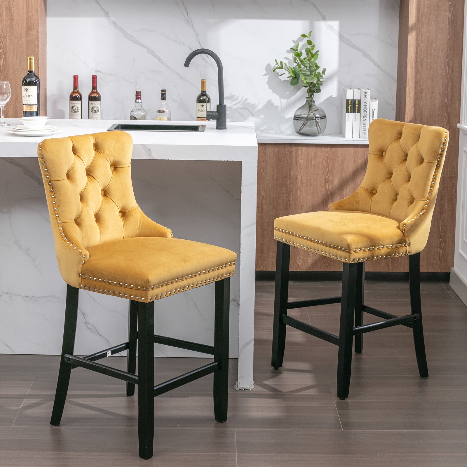 Contemporary Velvet Upholstered Barstools with Button Tufted Decoration (Set of 2)