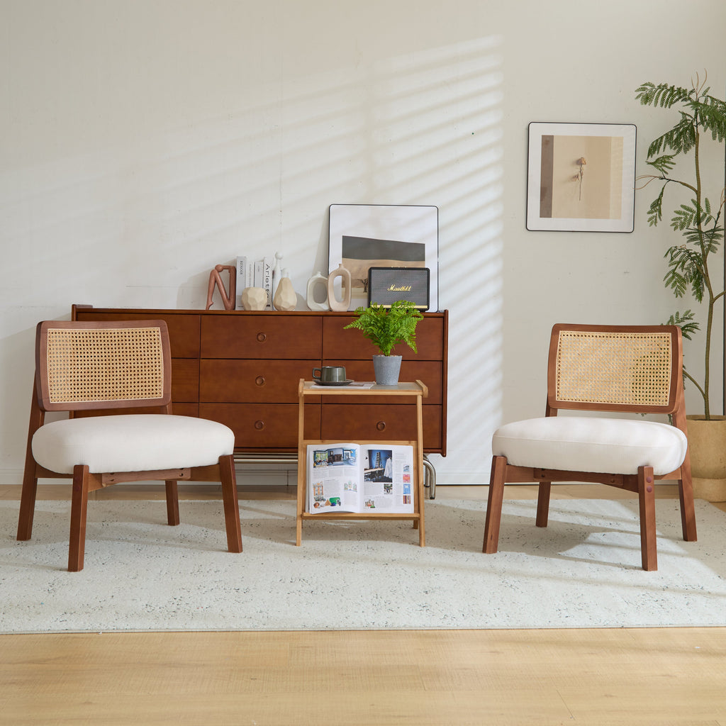 Modern Beige Lounge Chair with Woven Backrest (Set of 2)