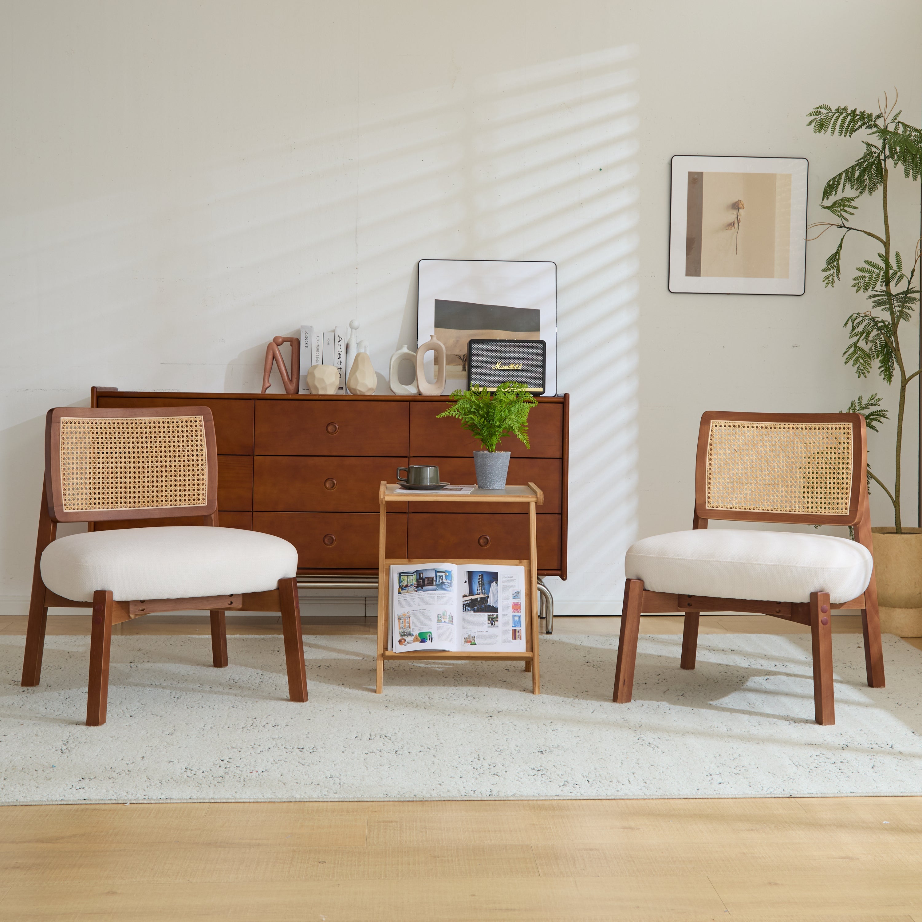Modern Beige Lounge Chair with Woven Backrest (Set of 2)