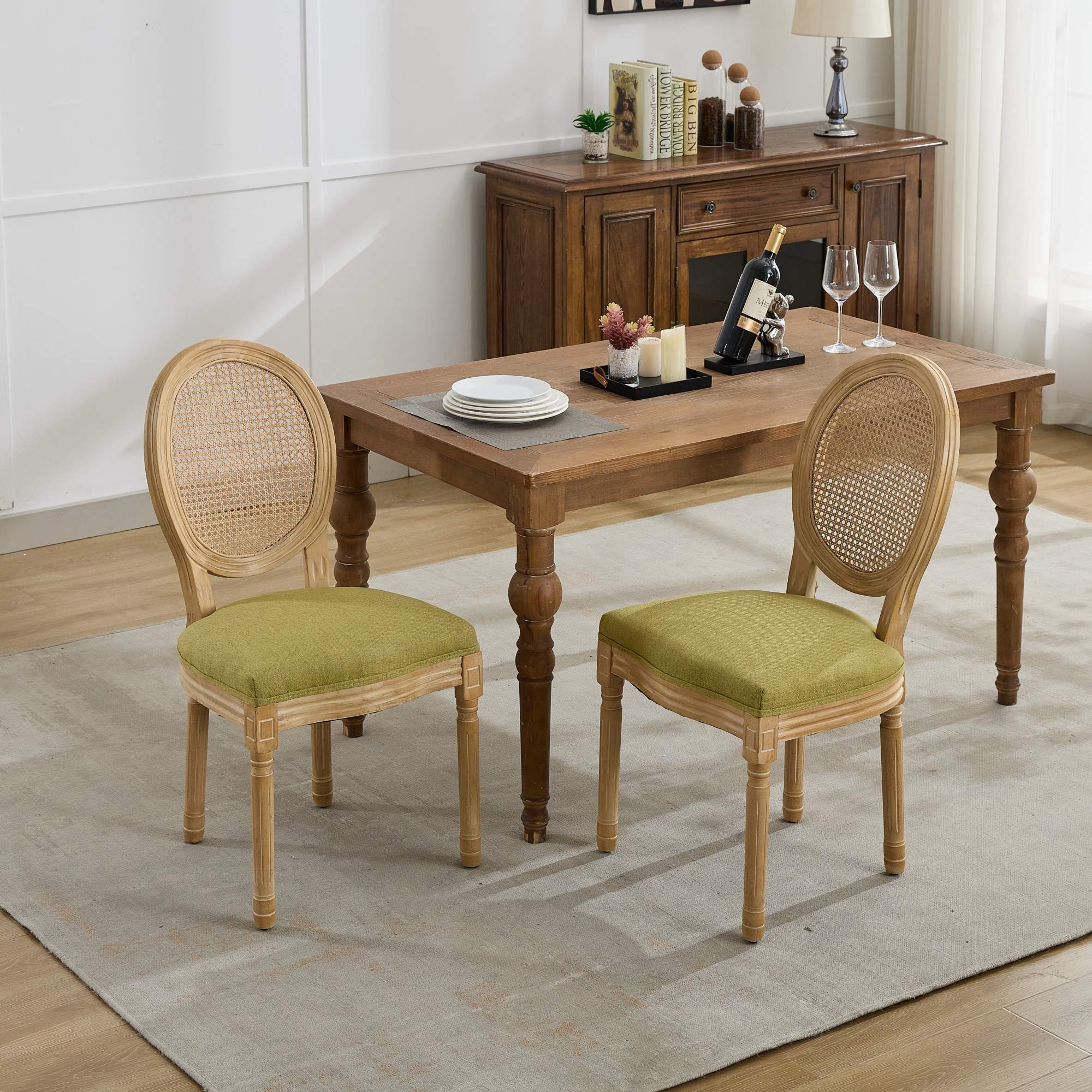 French Style Solid Wood Frame Linen Fabric Dining Chair (Set of 2)