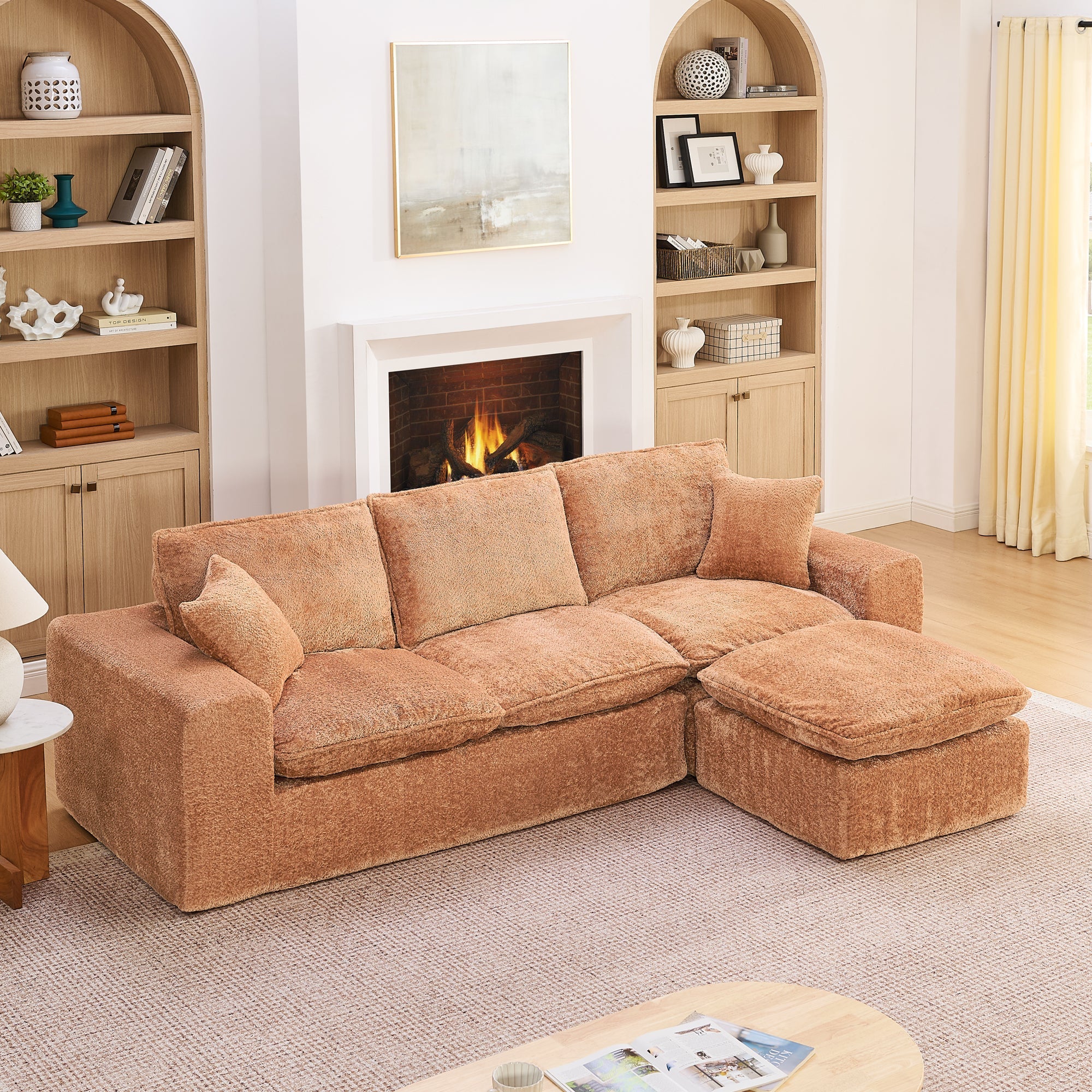 Modern Orange L-Shaped Sectional Sofa with 2 Ottomans Cloud-Like Modular Couch