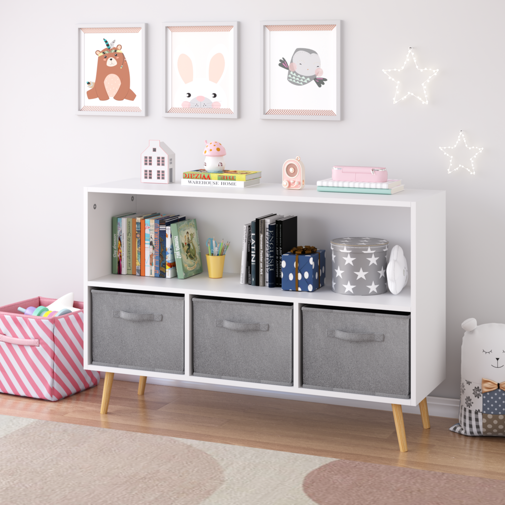 Children's Book Display Kids Bookcase with 3 Fabric Bins