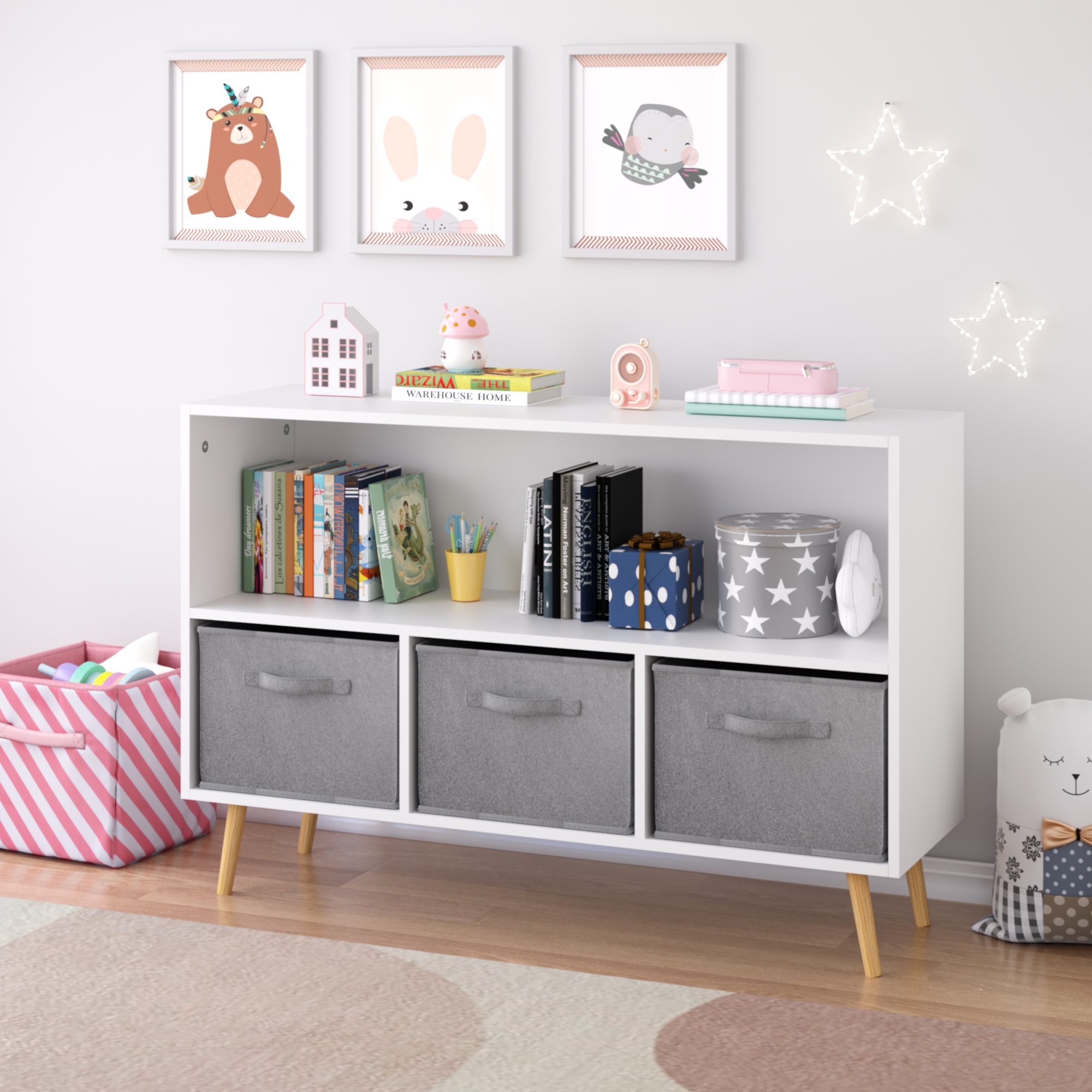 Children's Book Display Kids Bookcase with 3 Fabric Bins