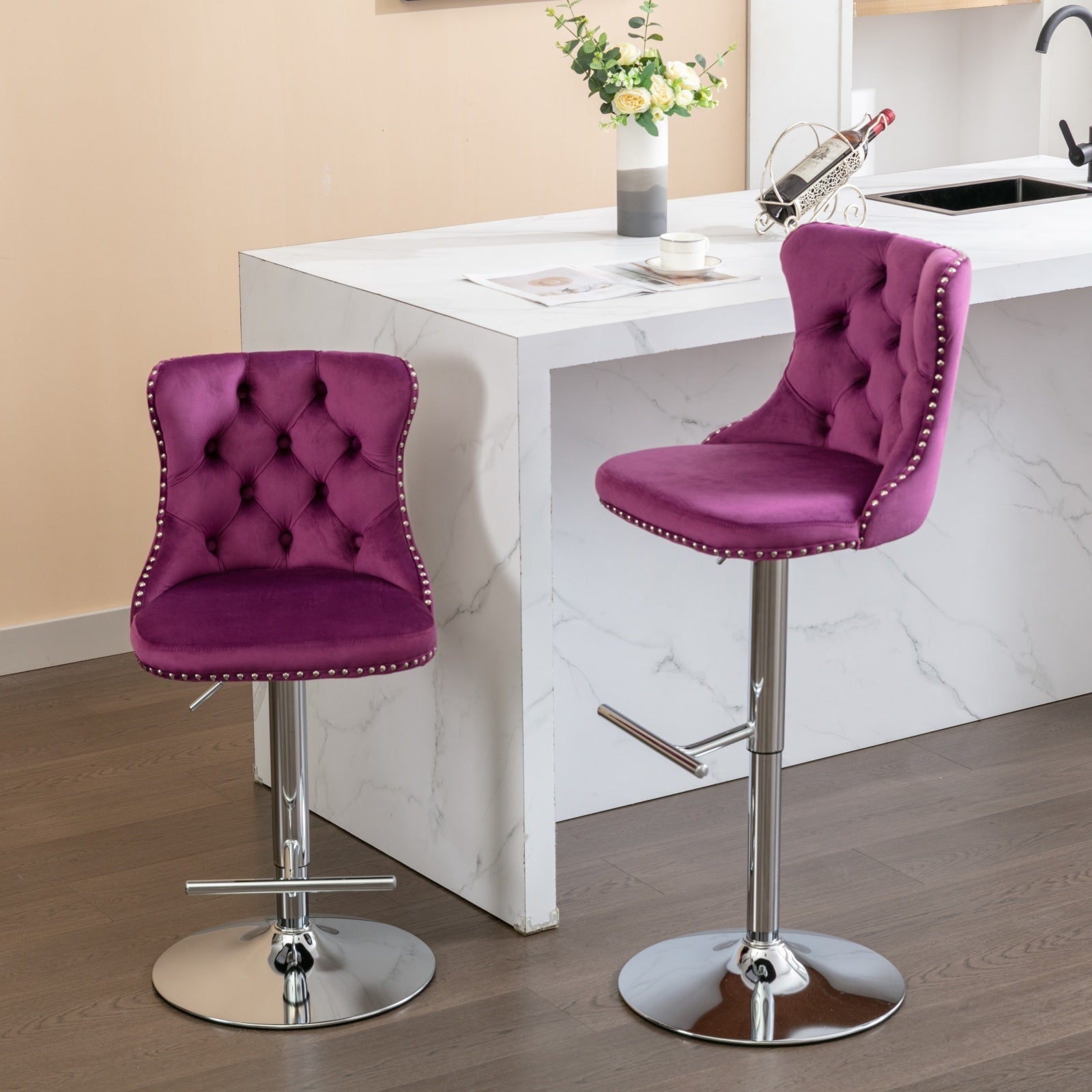25-33 Inch Modern Velvet Swivel Barstools (Set of 2)