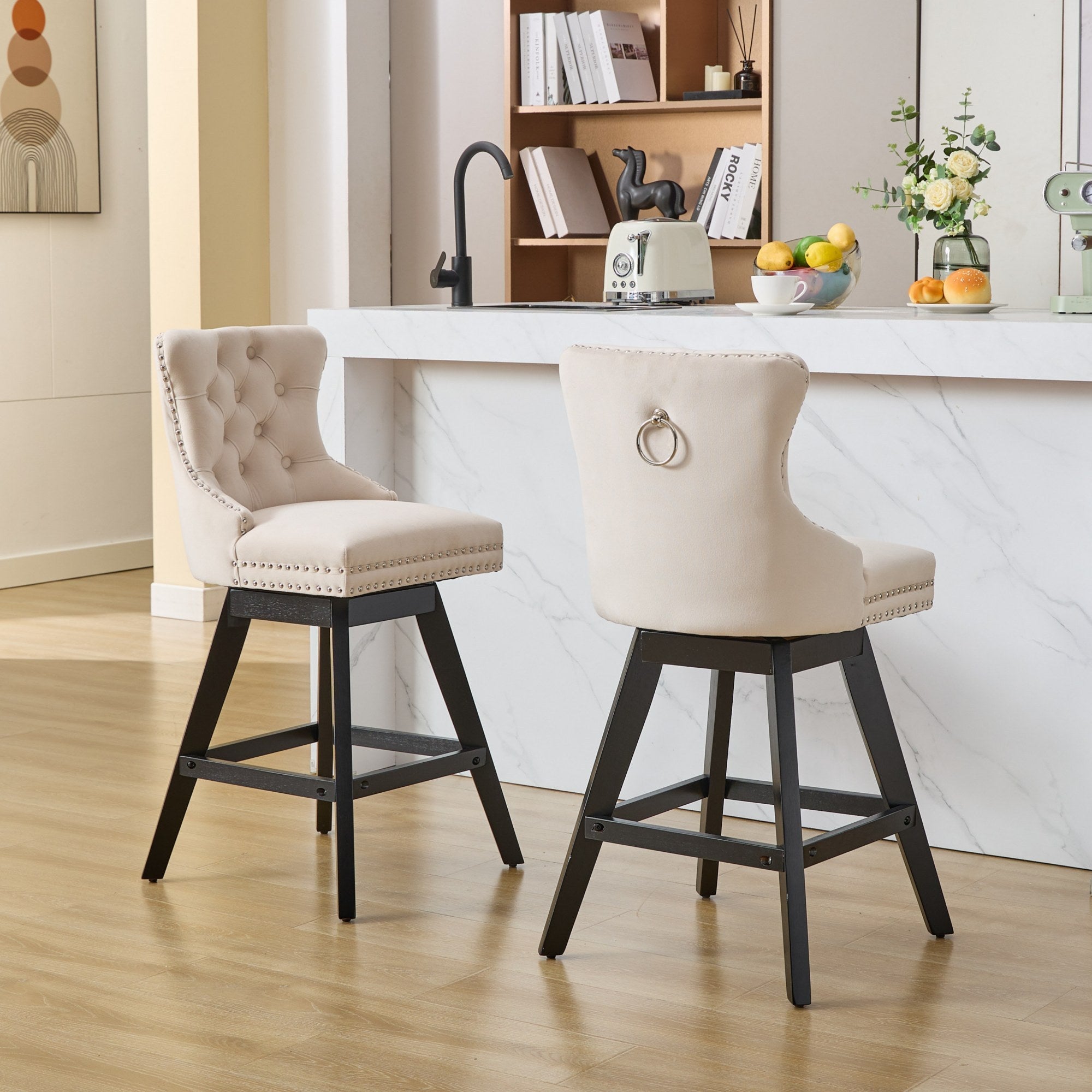 Swivel Velvet Barstools with Button Tufted Decoration (Set of 2)