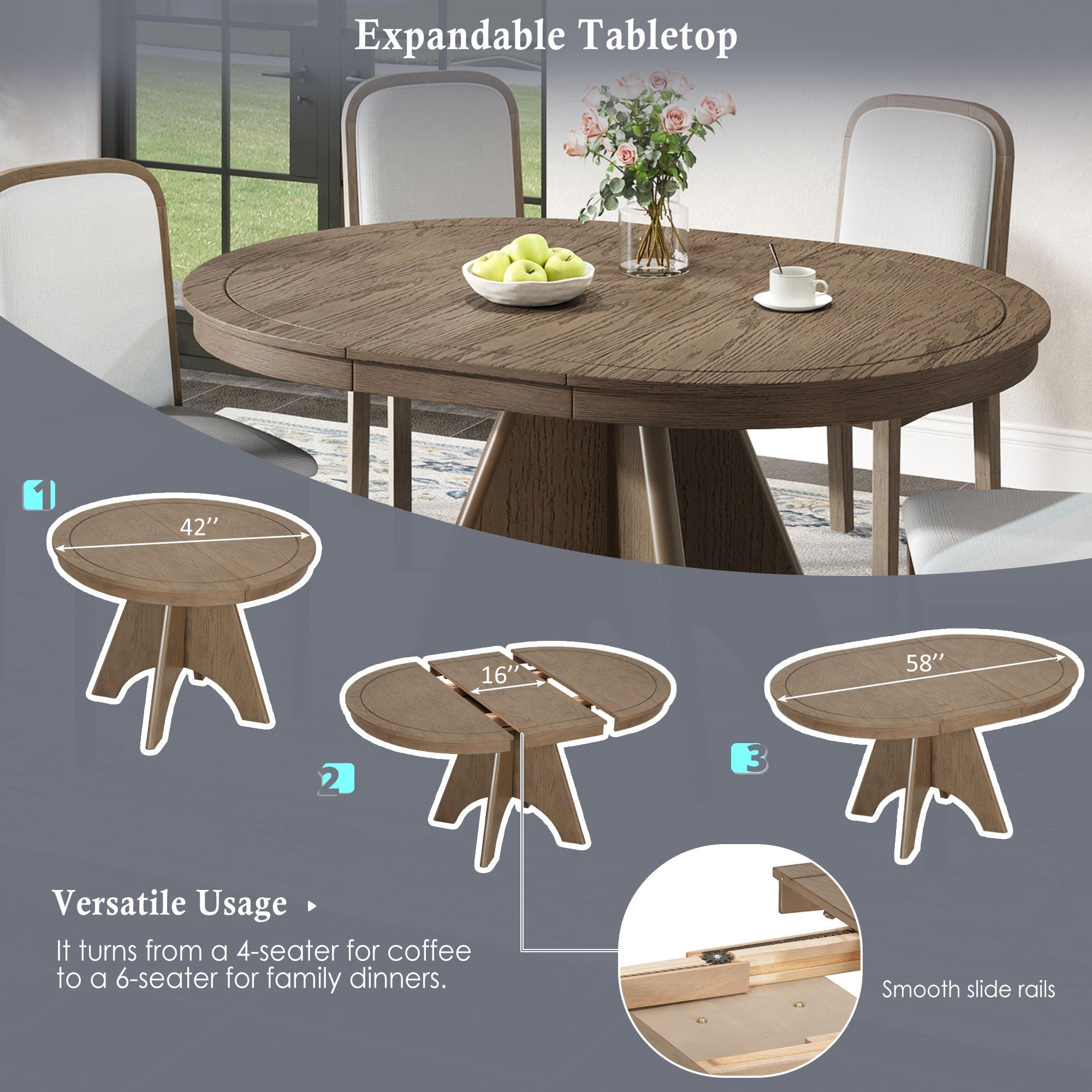 Vintage Extendable Dining Table Set with 4 Upholstered Chairs