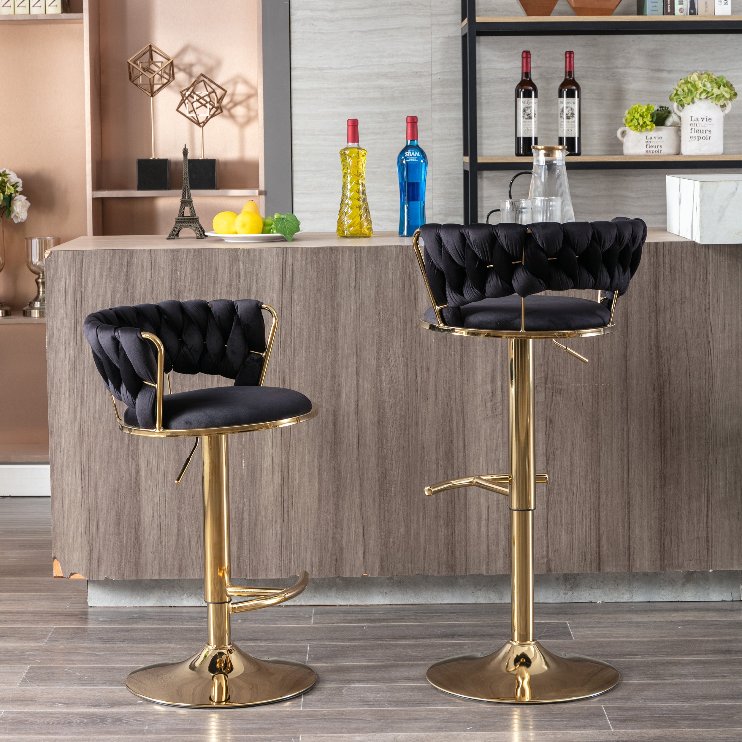 Swivel Height Adjustable Velvet Bar Stools with Golden Leg (Set of 2 )