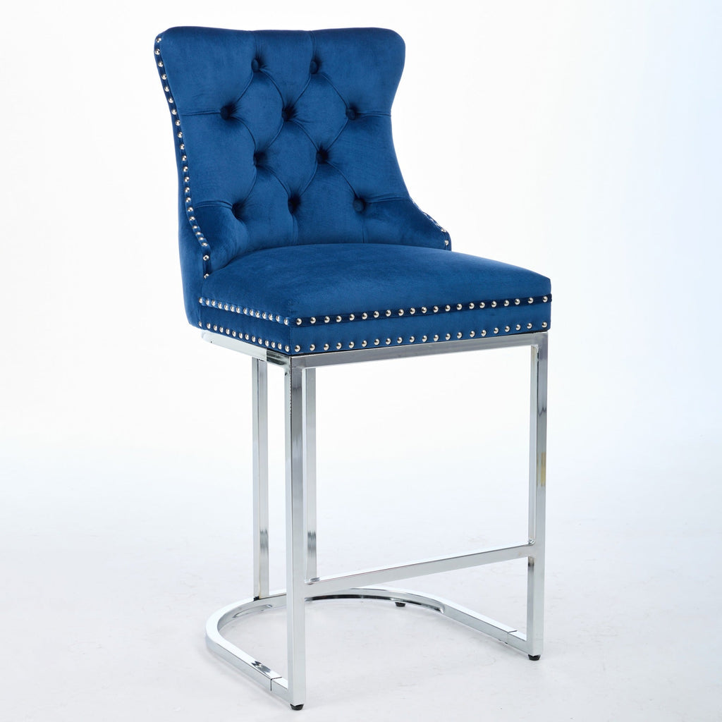 Luxury Elegant Nailhead Trim Tufted Velvet Bar Stools (Set of 2)