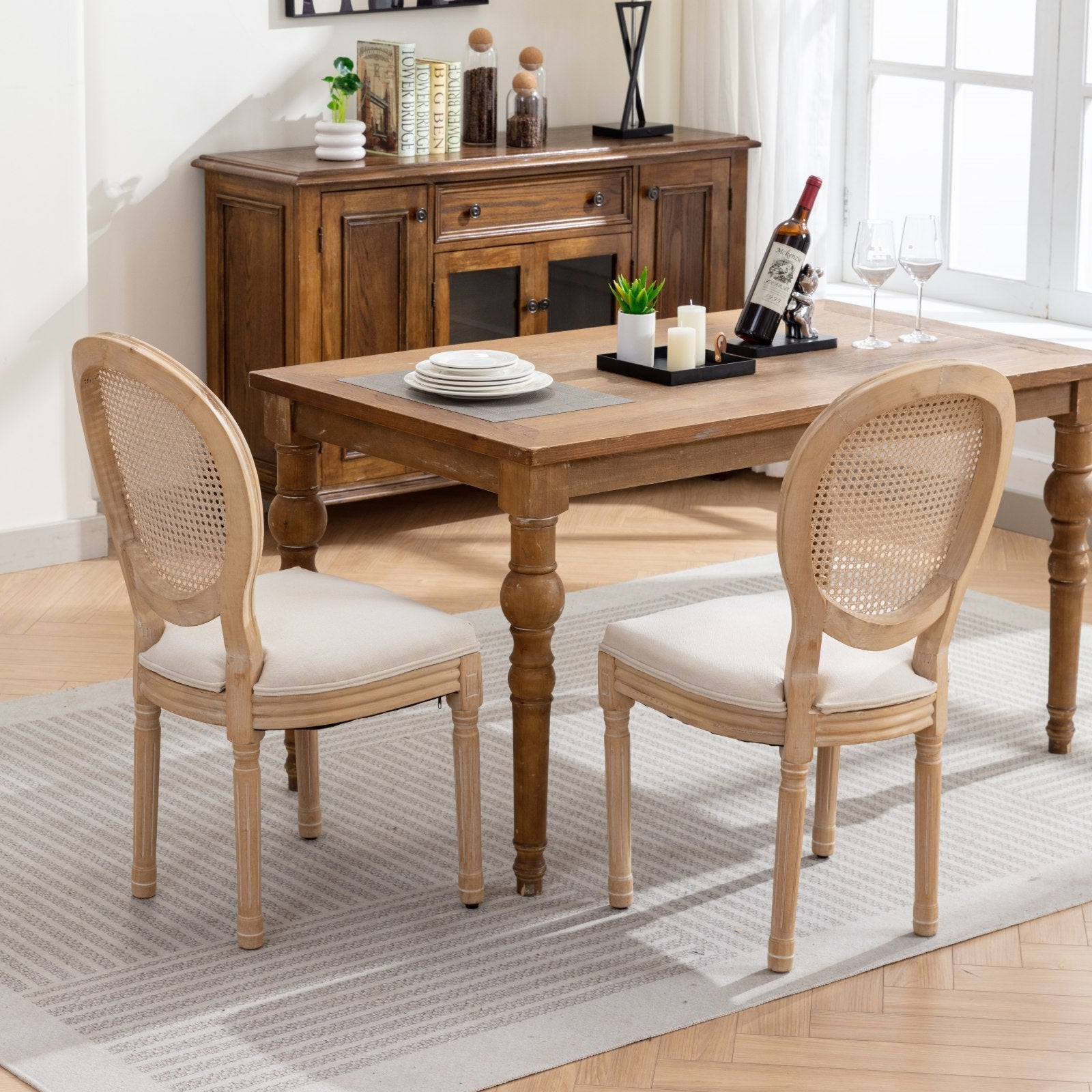 French Style Linen Fabric Rattan Back Dining Chairs (Set of 2)