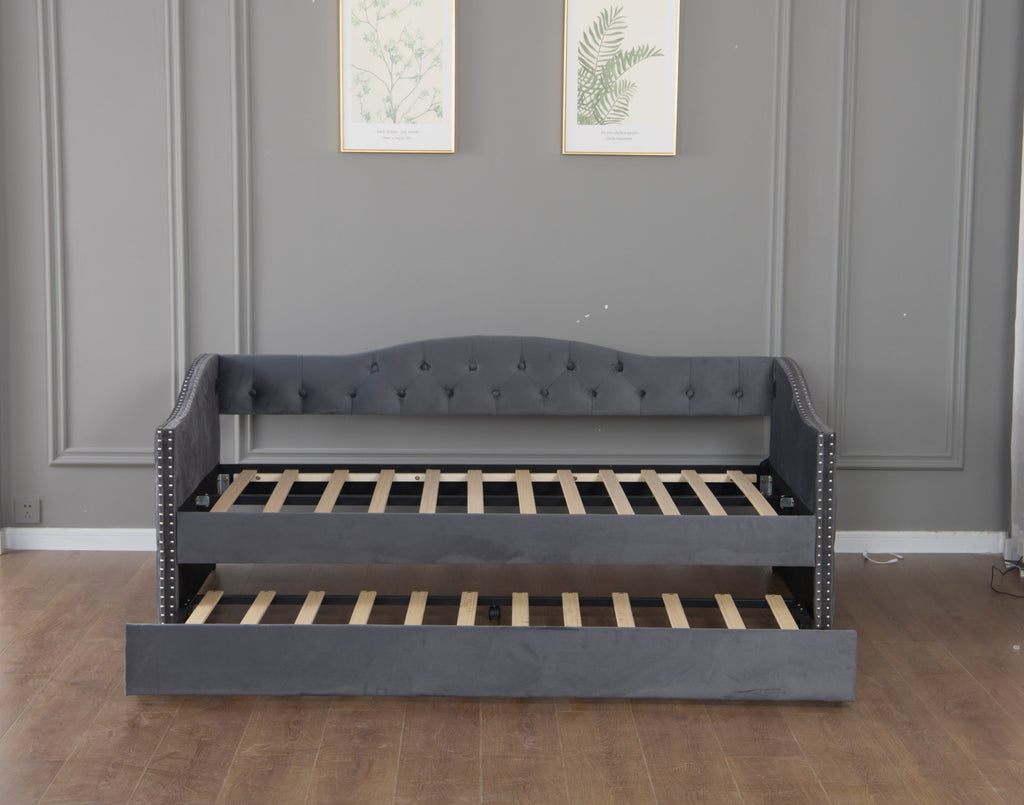 Twin Size Upholstered Daybed with Trundle and USB Charging Design