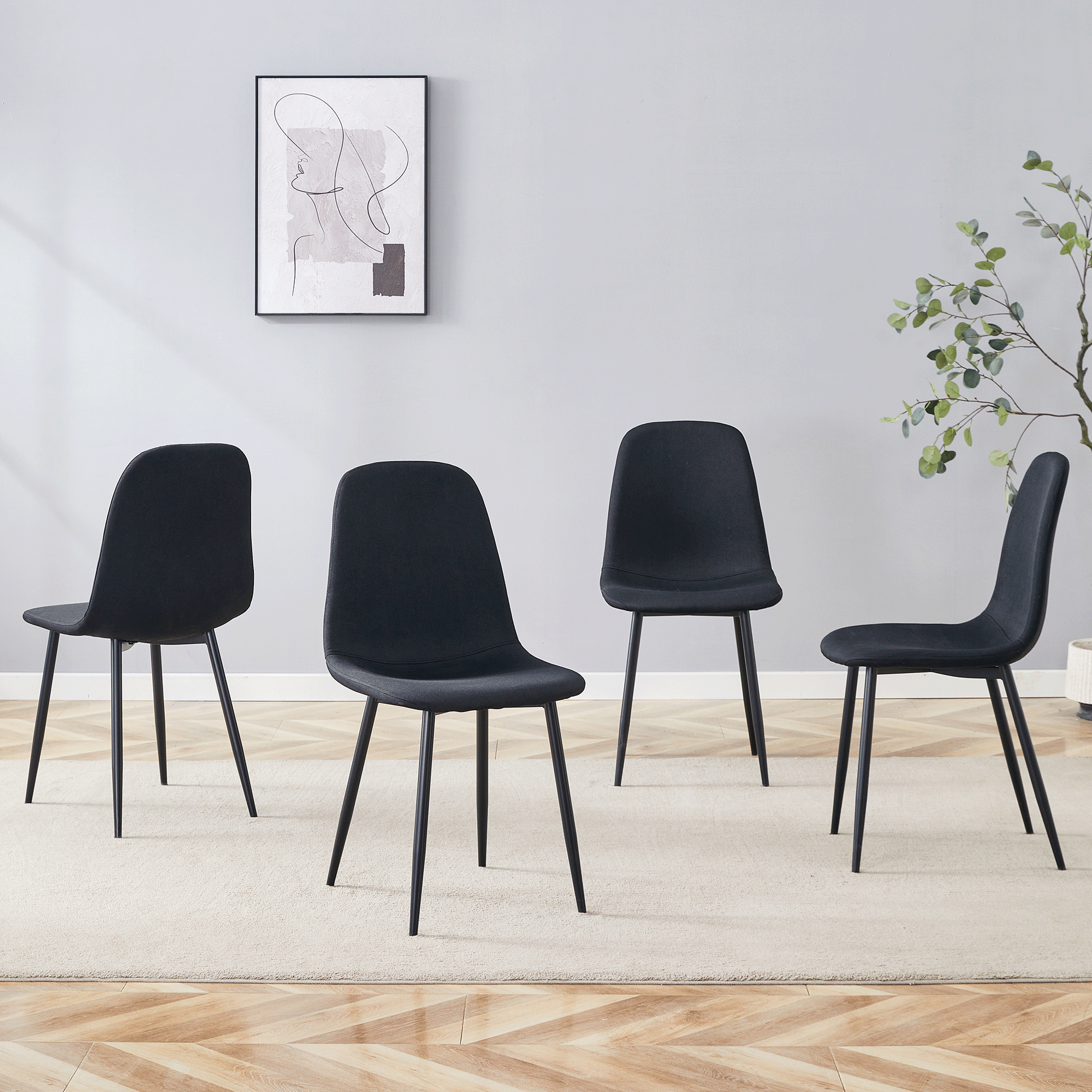 Luxury Simple Chair Black Linen Dining Chair  (Set of 4)