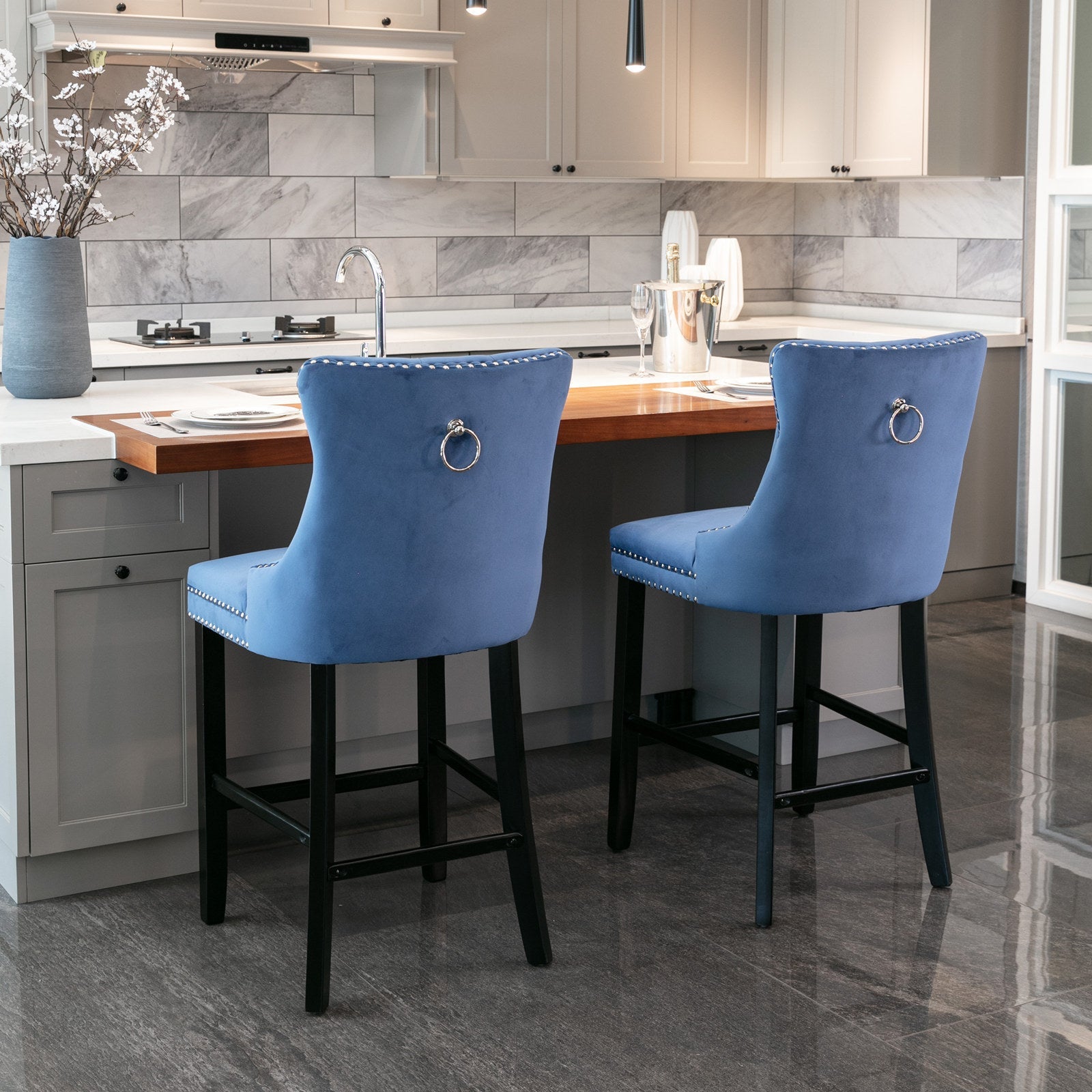 Contemporary Velvet Upholstered Barstools with Button Tufted Decoration (Set of 2)