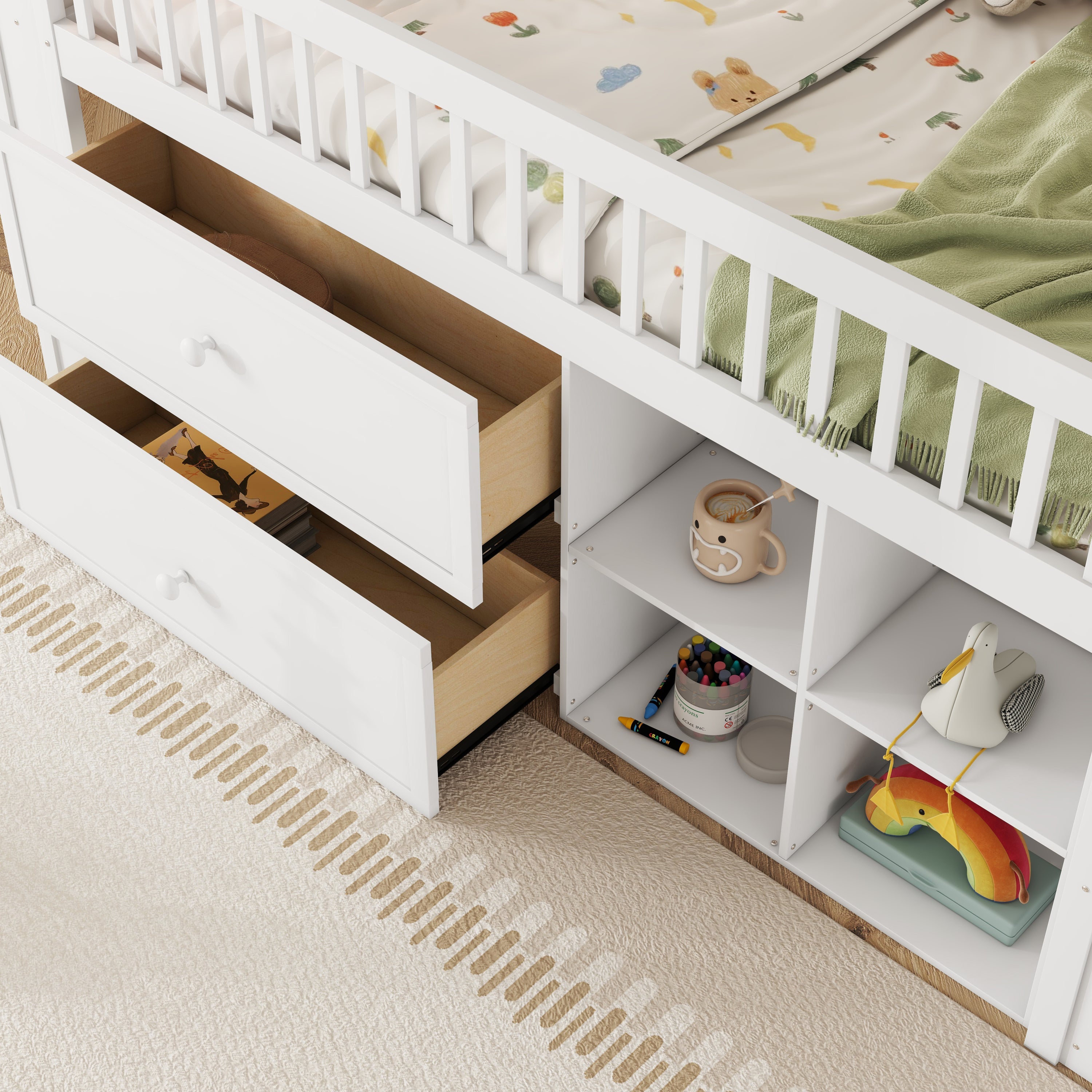 Twin Size Loft Bed with LED and Bookshelf