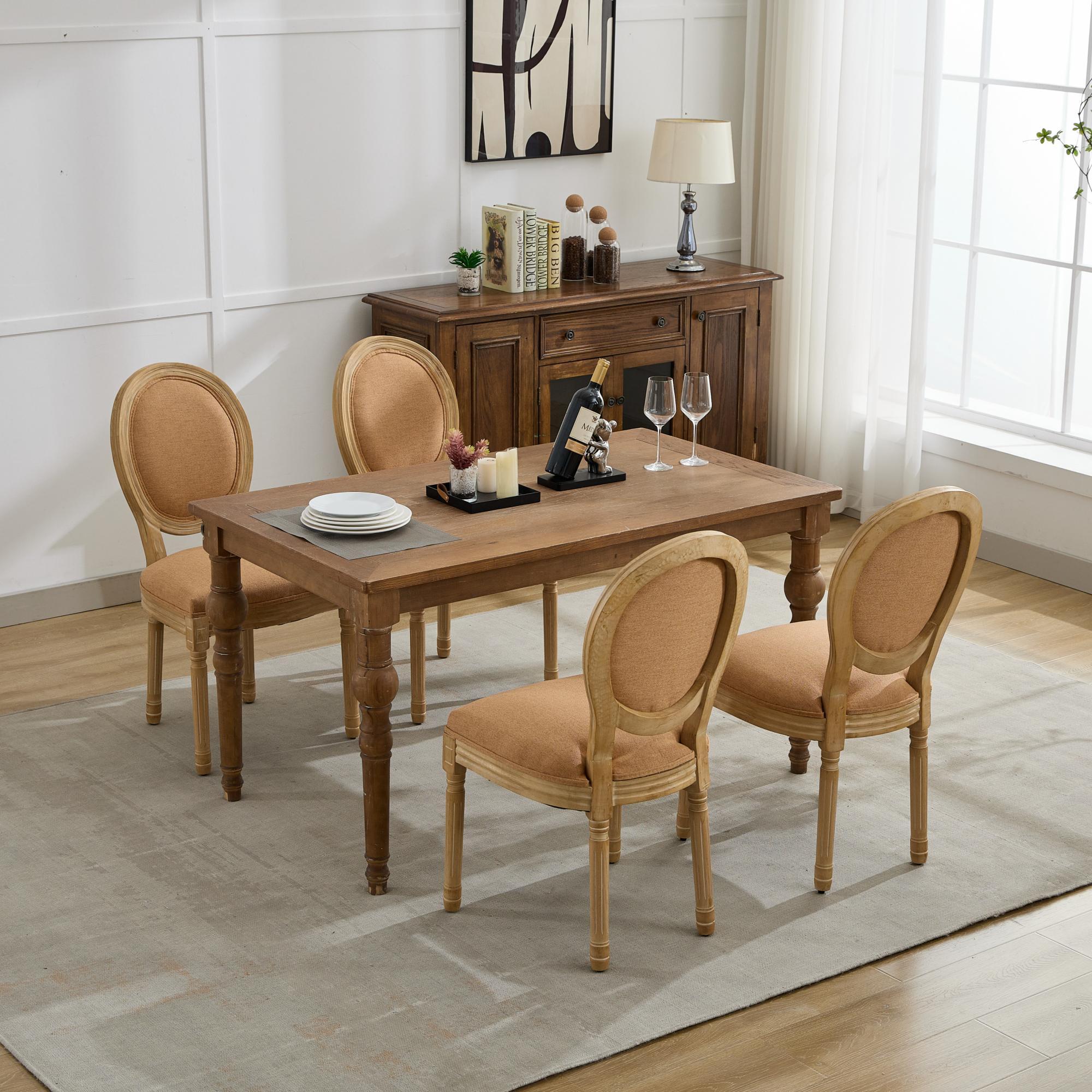 French Style Solid Wood Frame Linen Fabric Back Dining Chair (Set of 2)