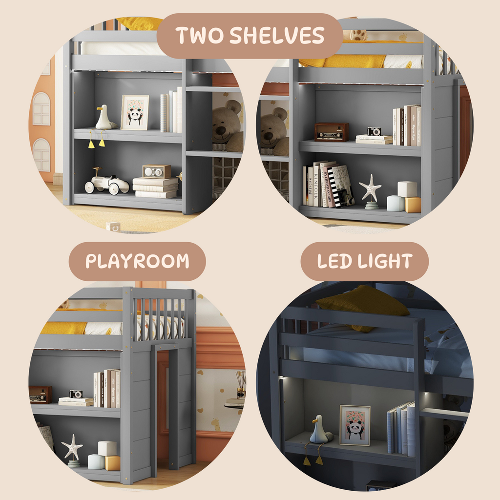 Twin Size Kid Low Loft Bed With Two-Tier Shelves