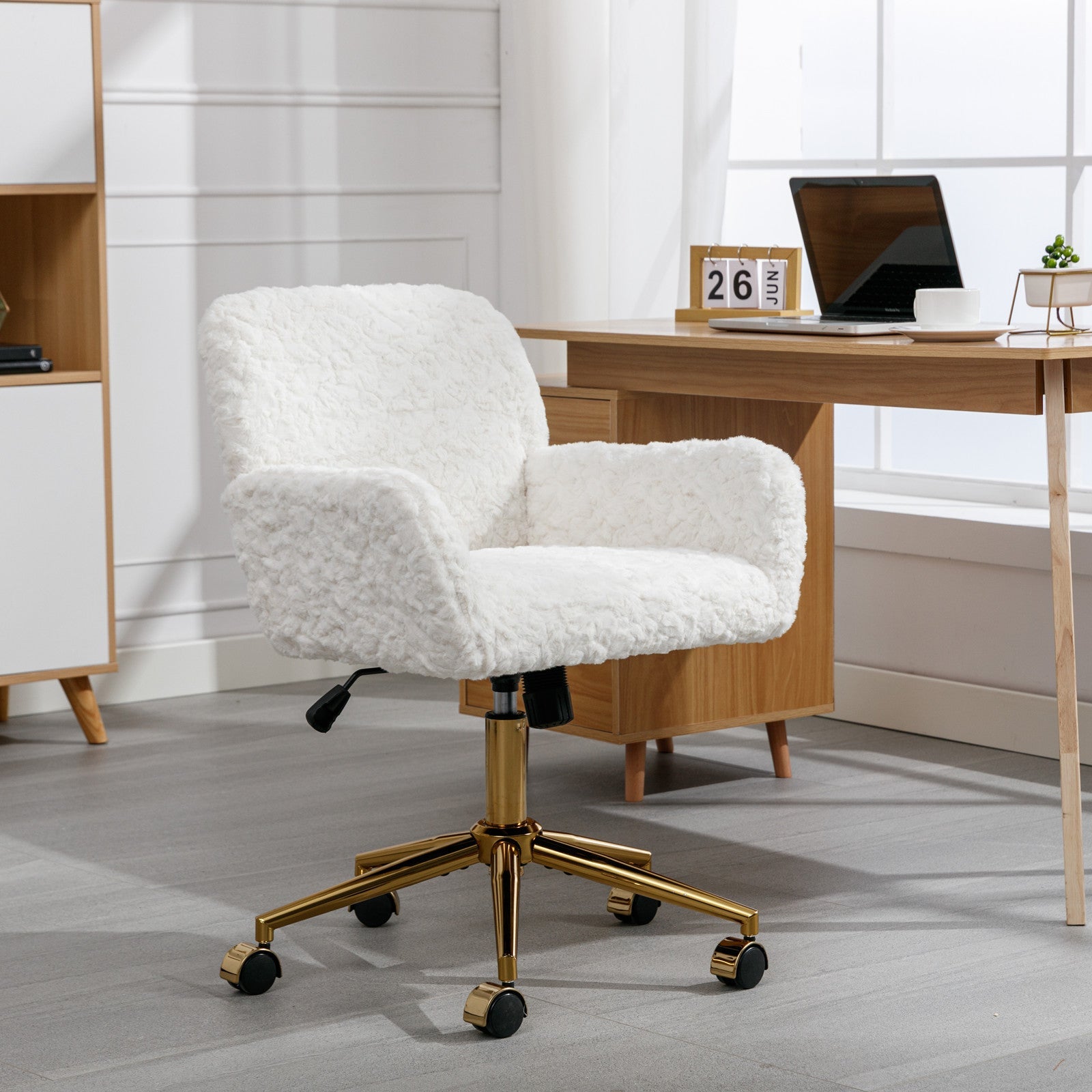 Artificial Rabbit Hair Home Office Chair with Golden Metal Base