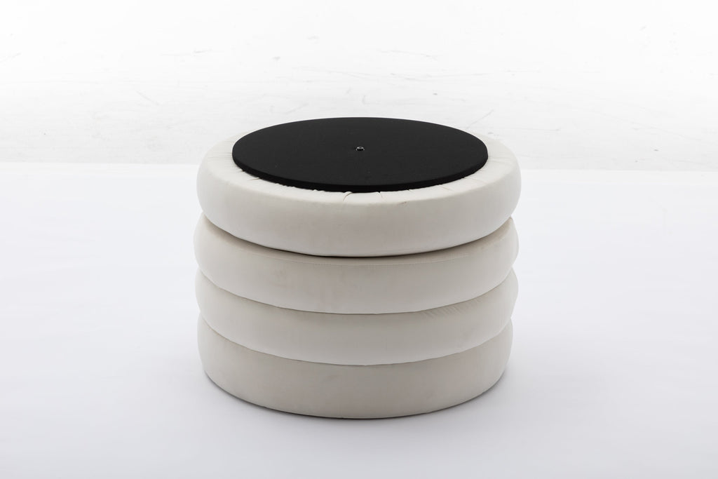 Velvet Fabric Storage Round Ottoman Footstool with Wooden Shelves