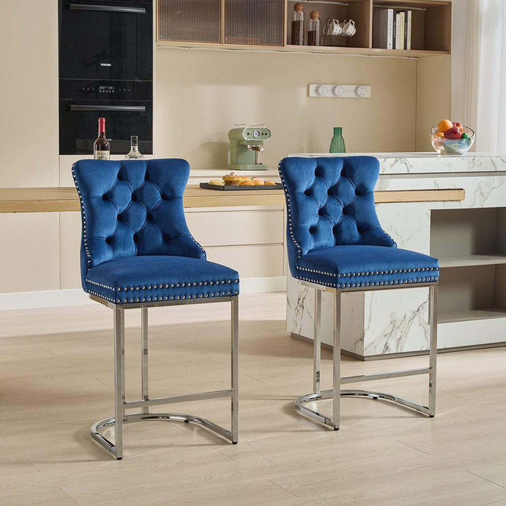 Luxury Elegant Nailhead Trim Tufted Velvet Bar Stools (Set of 2)