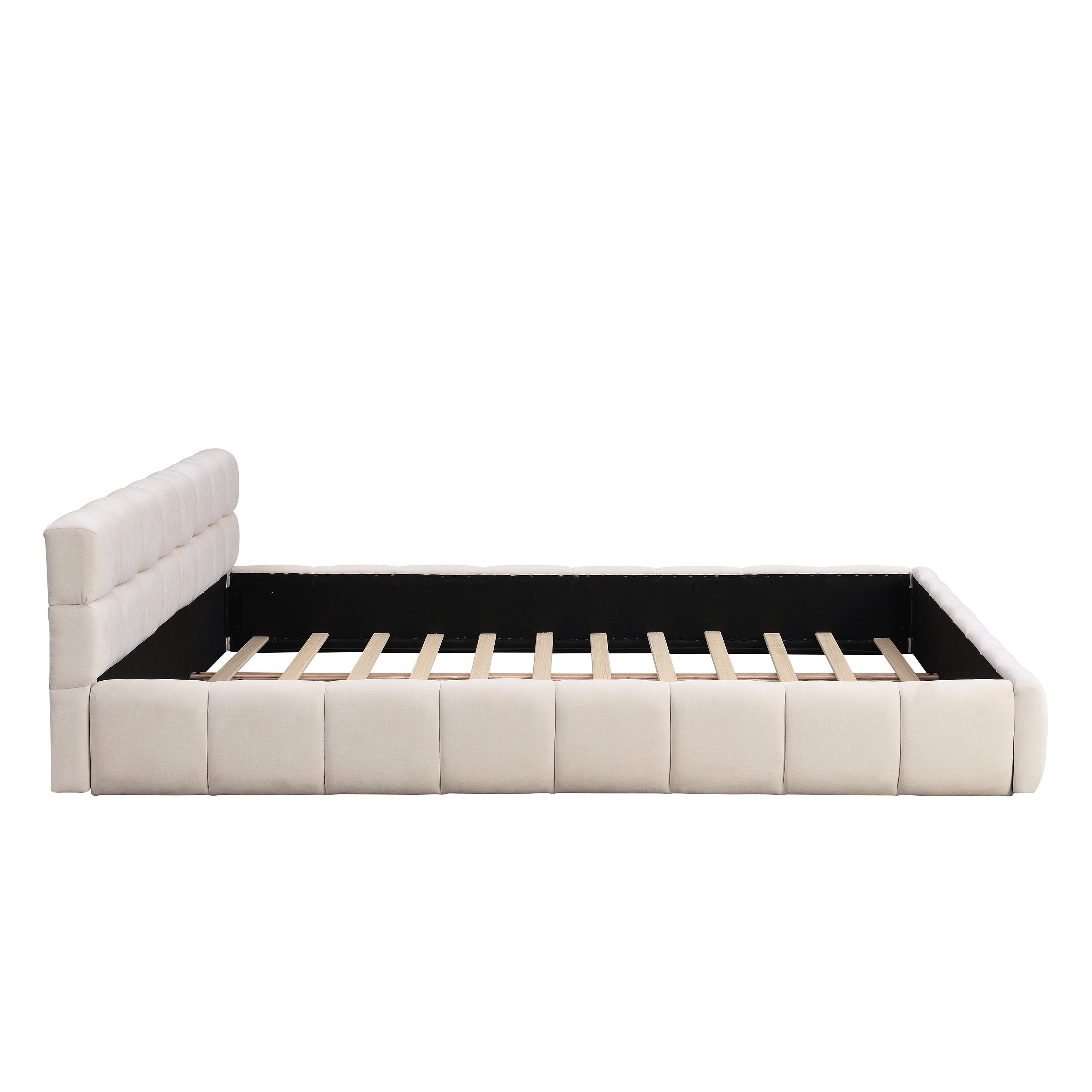 Elegant Beige Chenille Upholstered Bed with Checkerboard Design