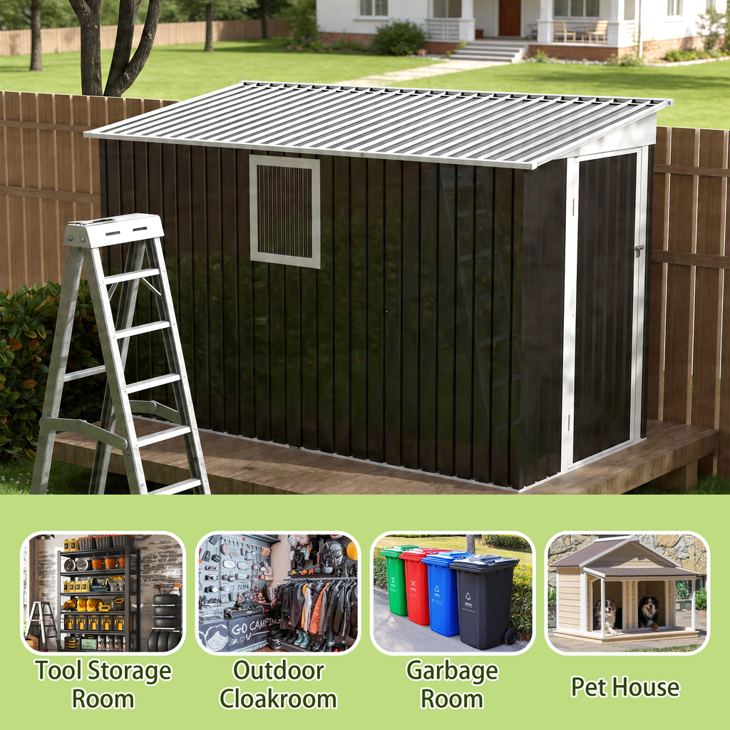 4X9 FT Metal Garden Shed with 1 Window Hinge Door Outdoor Storage