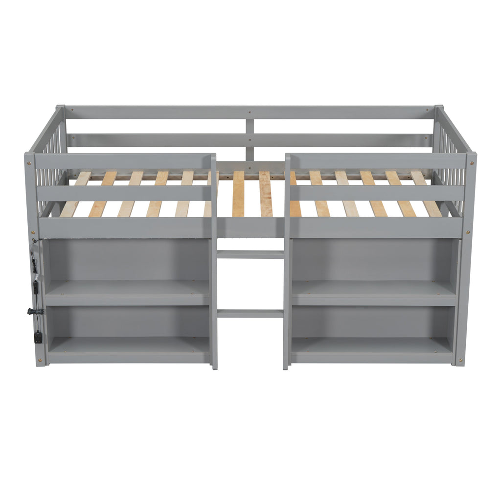 Twin Size Kid Low Loft Bed With Two-Tier Shelves