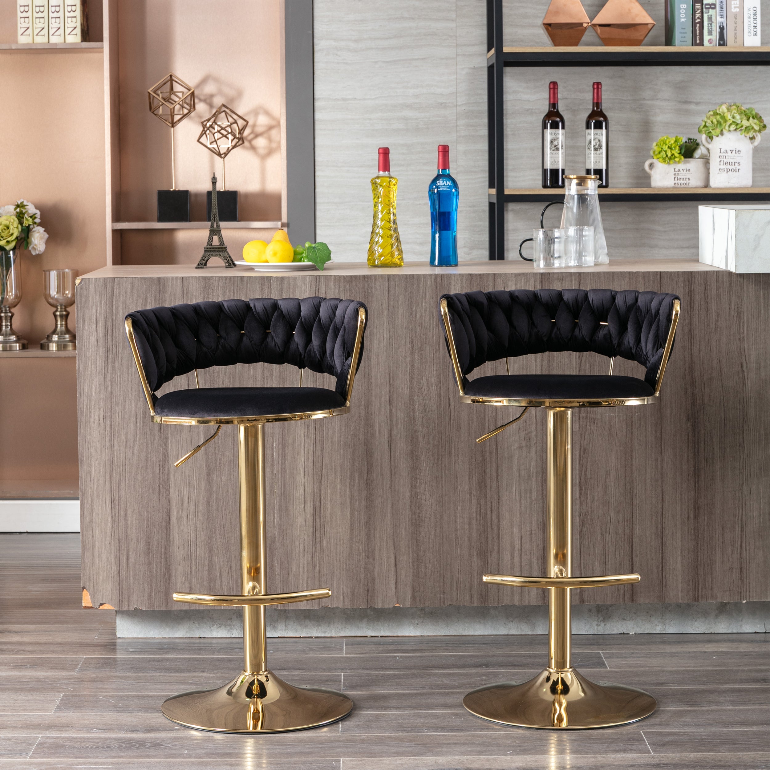 Swivel Height Adjustable Velvet Bar Stools with Golden Leg (Set of 2 )