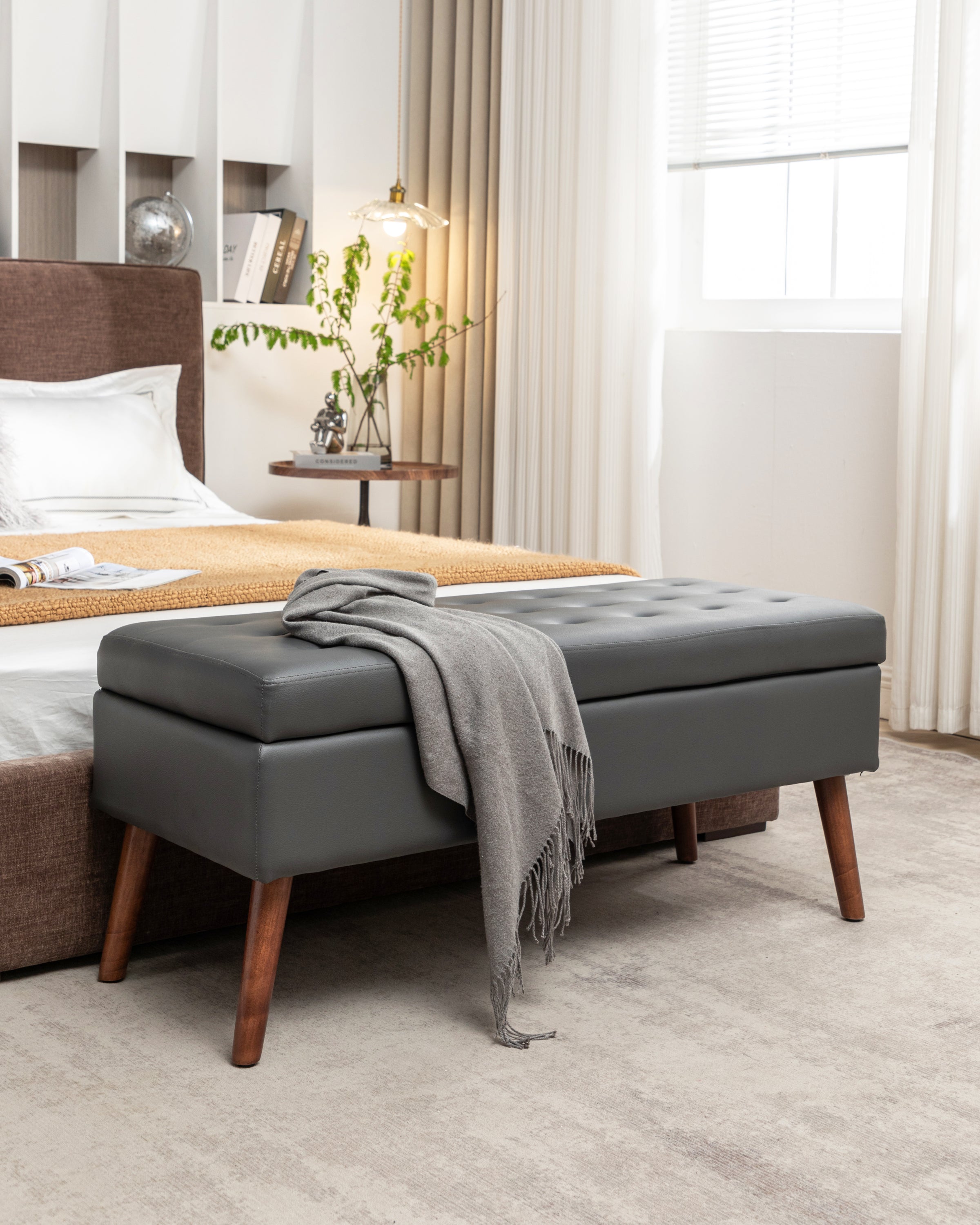 Brown PU Leather Storage Bench