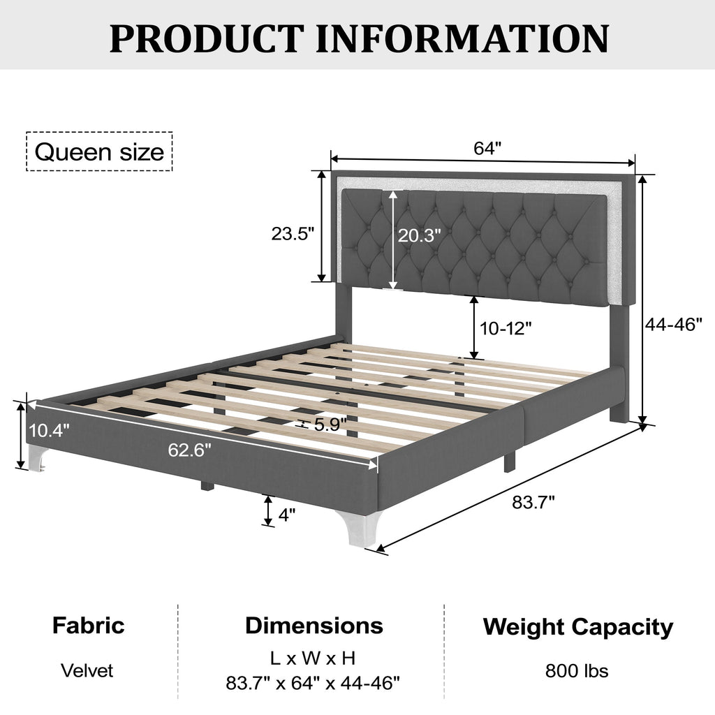 Queen Size Upholstered Bed Frame with LED Lights
