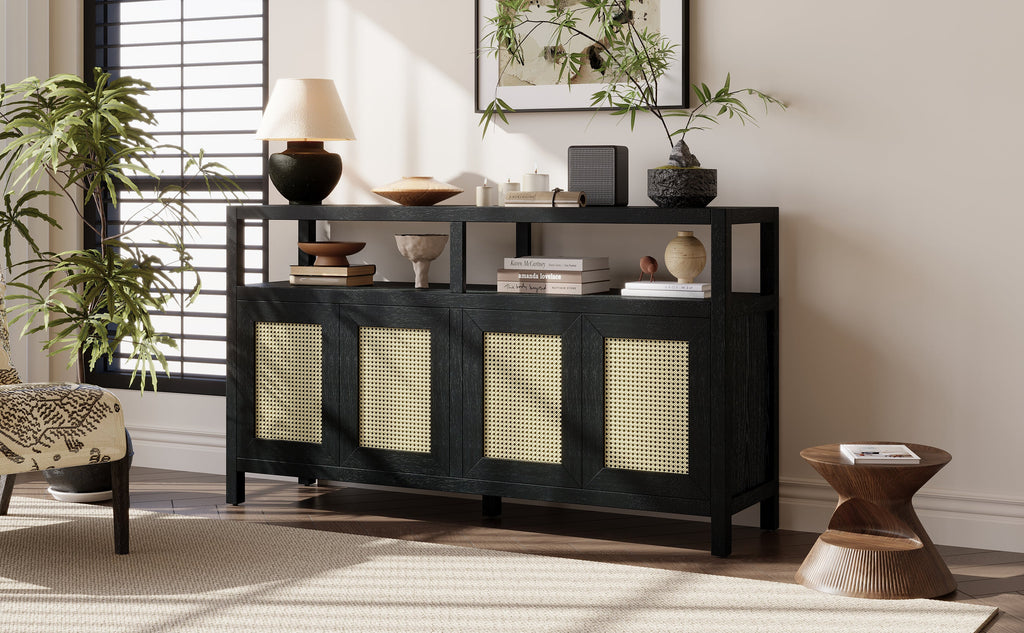 Bohemian Style Rattan Storage Cabinet with 3-position Adjustable Shelves