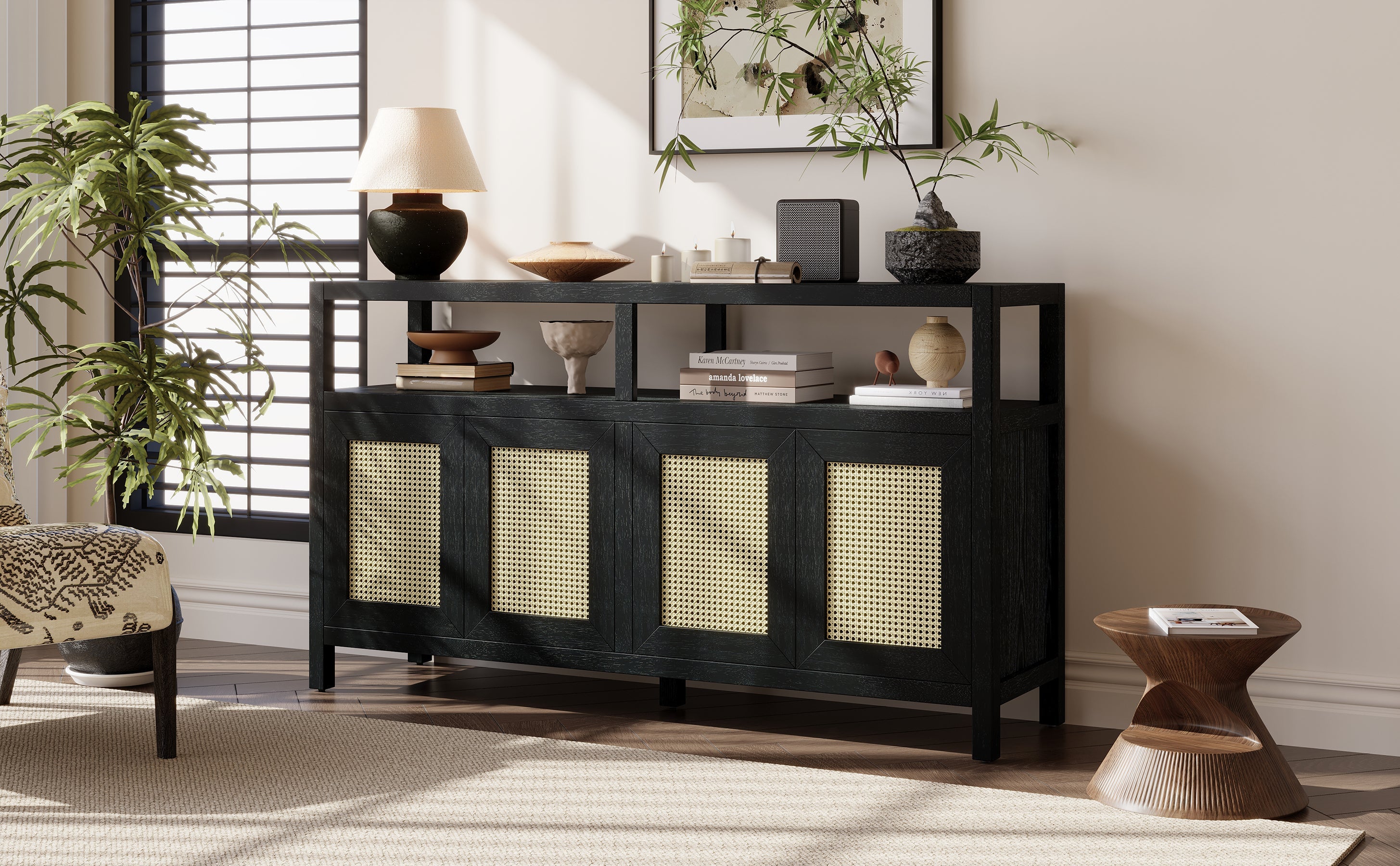 Bohemian Style Rattan Storage Cabinet with 3-position Adjustable Shelves