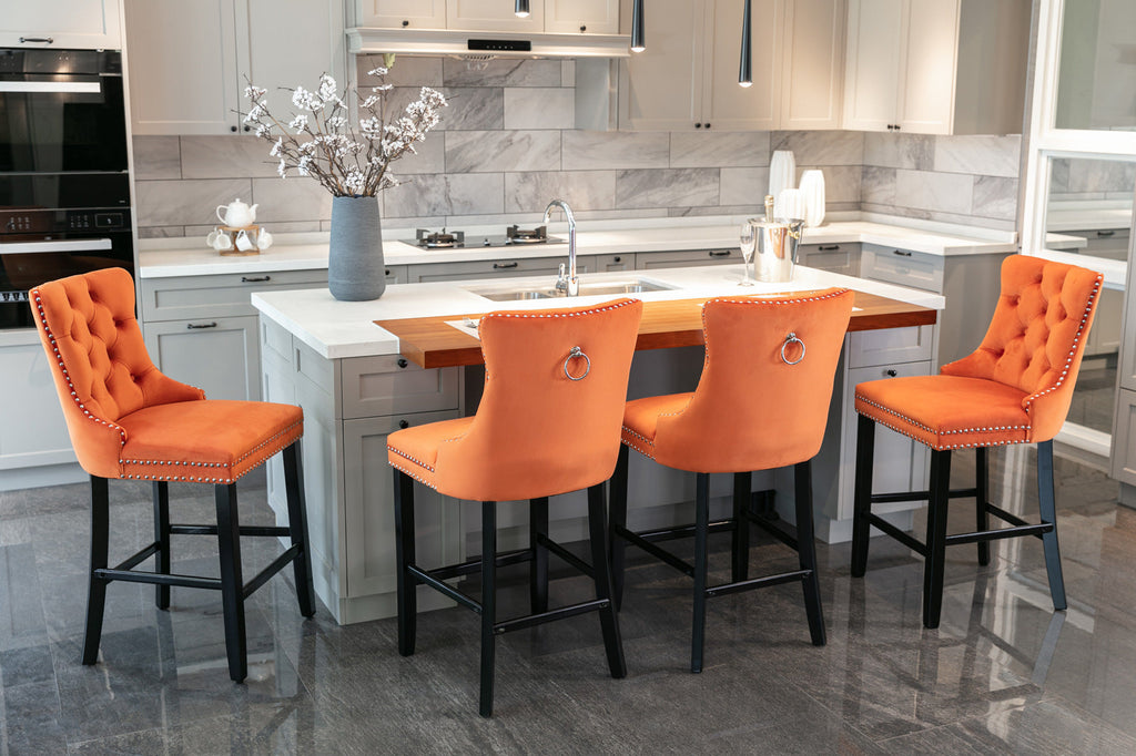 Contemporary Velvet Upholstered Barstools with Button Tufted Decoration (Set of 2)