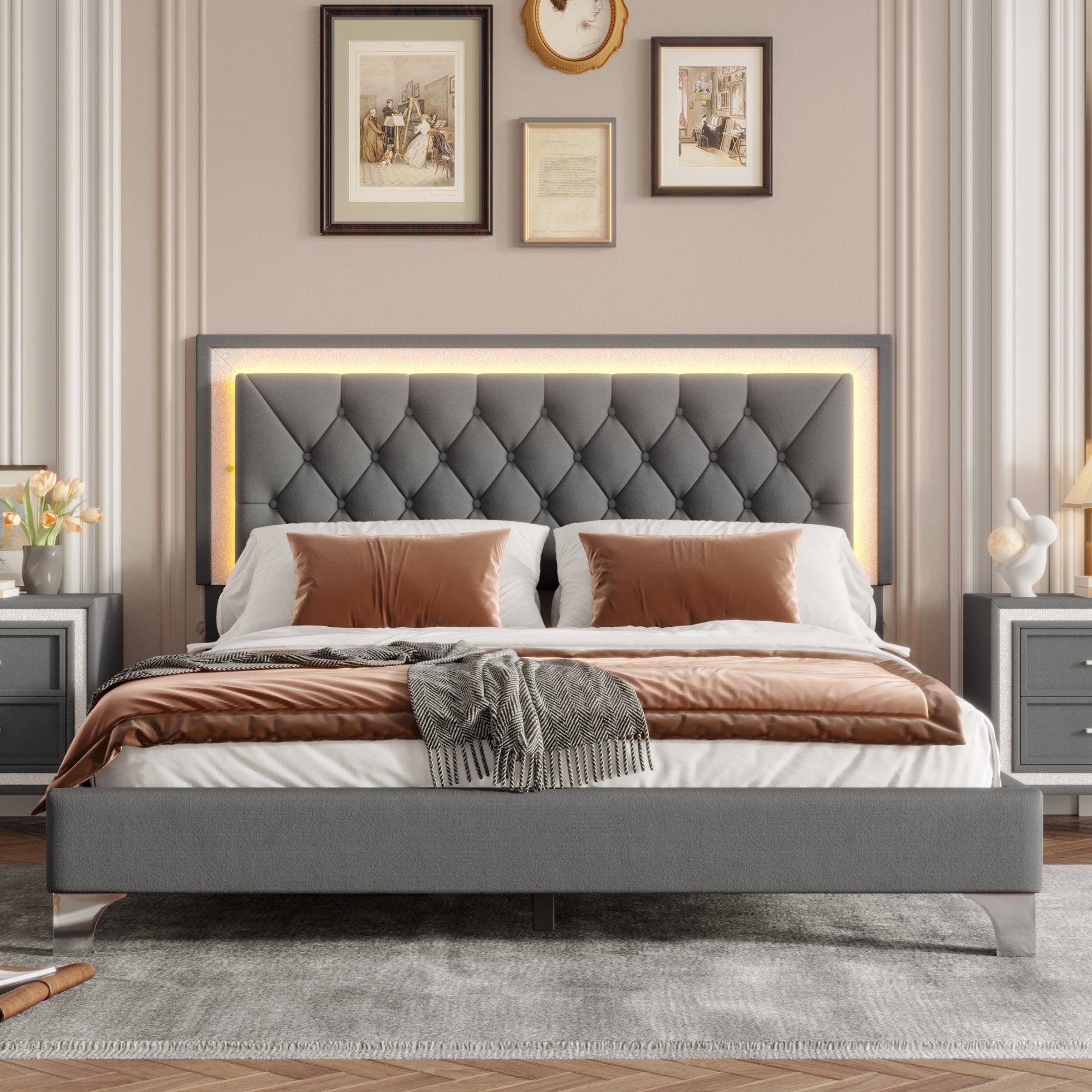 Queen Size Upholstered Bed Frame with LED Lights