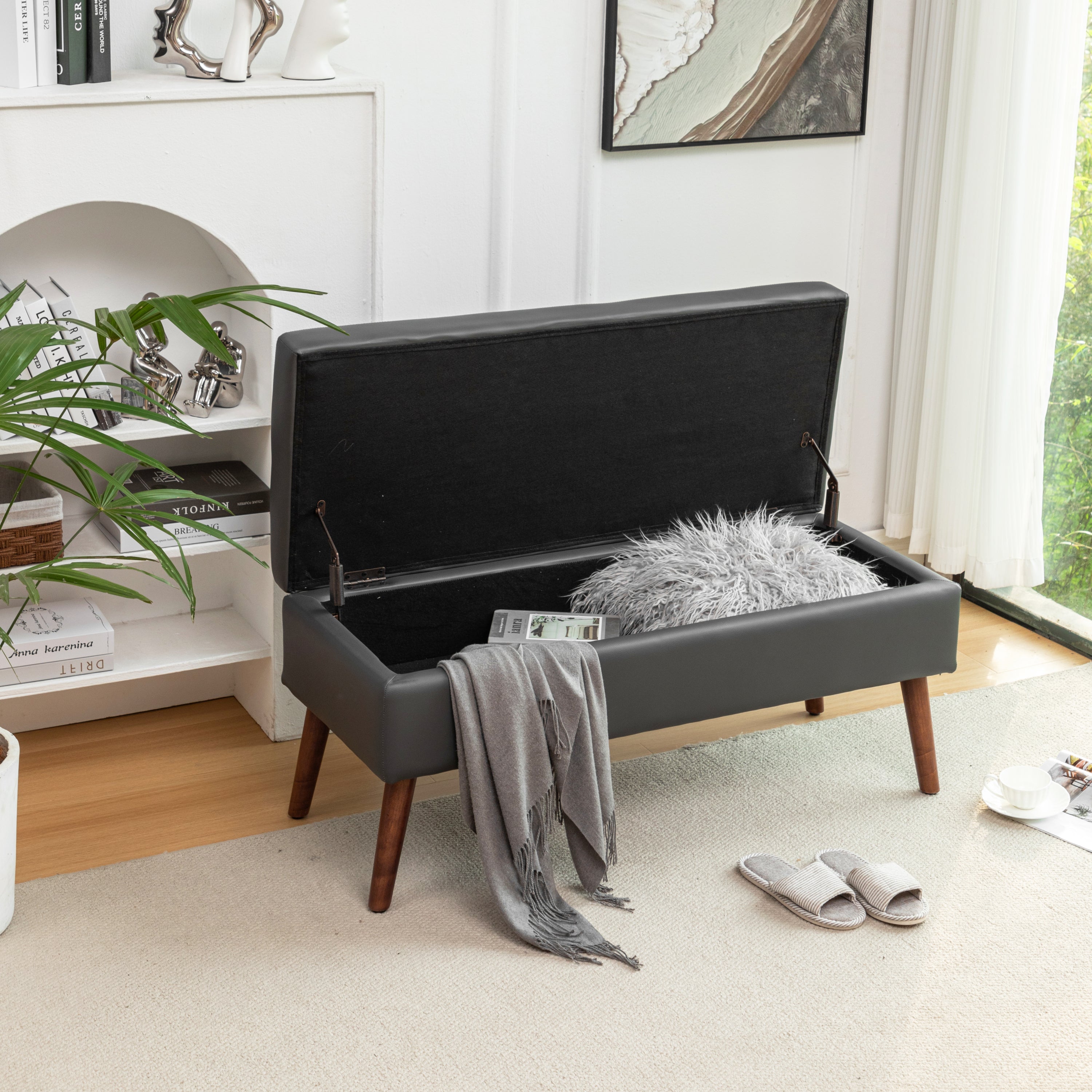 Brown PU Leather Storage Bench