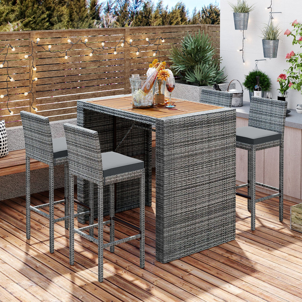 5-Piece Outdoor Wicker Bar Set with Removable Cushion and Acacia Top
