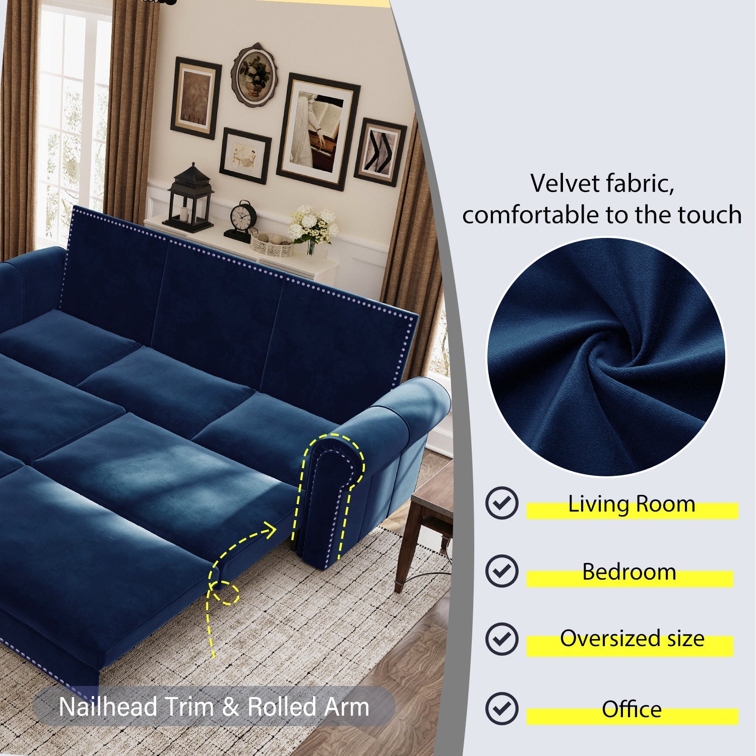 93.7' King Velvet Convertible Sleeper Sofa