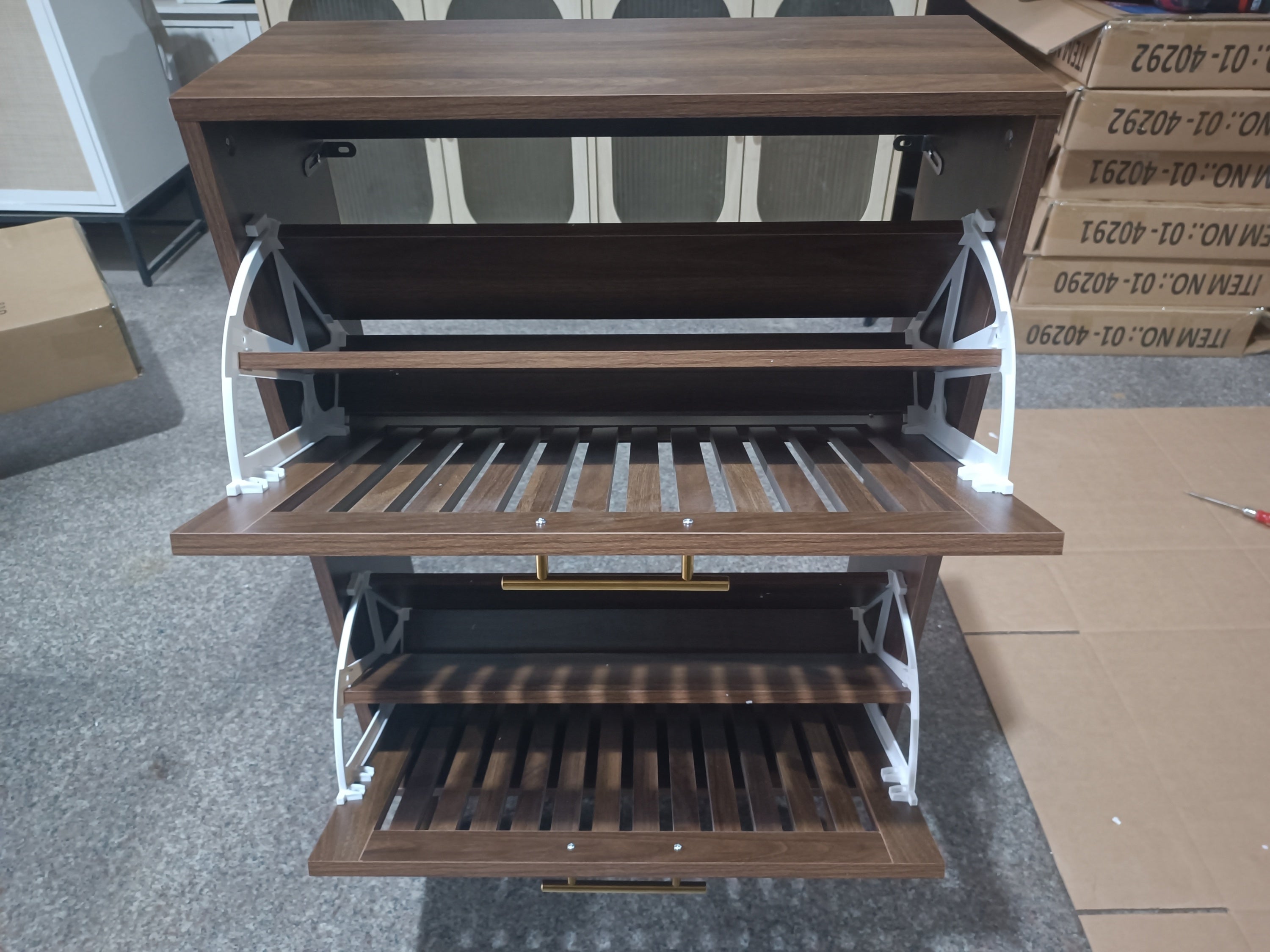 Medieval Modern Walnut Shoe Cabinet with 2 Flip Drawers