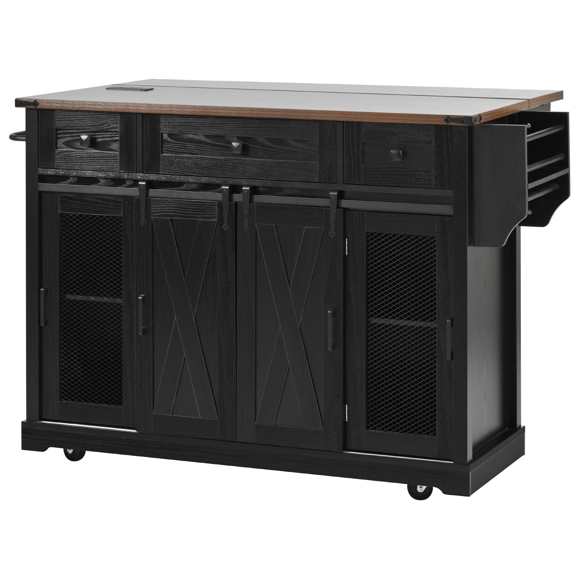 58“ Farmhouse Kitchen Island with Storage Sliding Barn Door Metal Grid Side Door