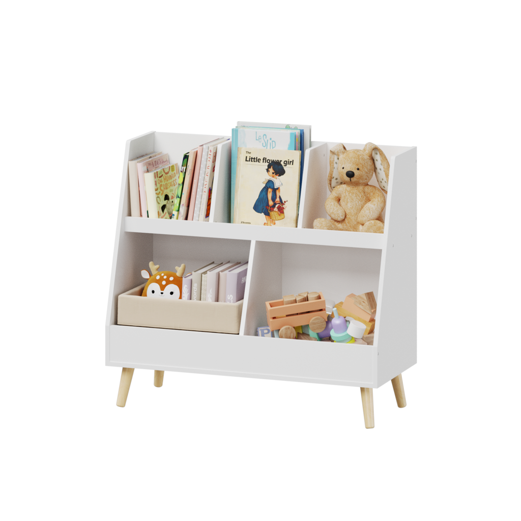 Modern Kids Bookshelf and Toy Organizer with White MDF and Pine Legs