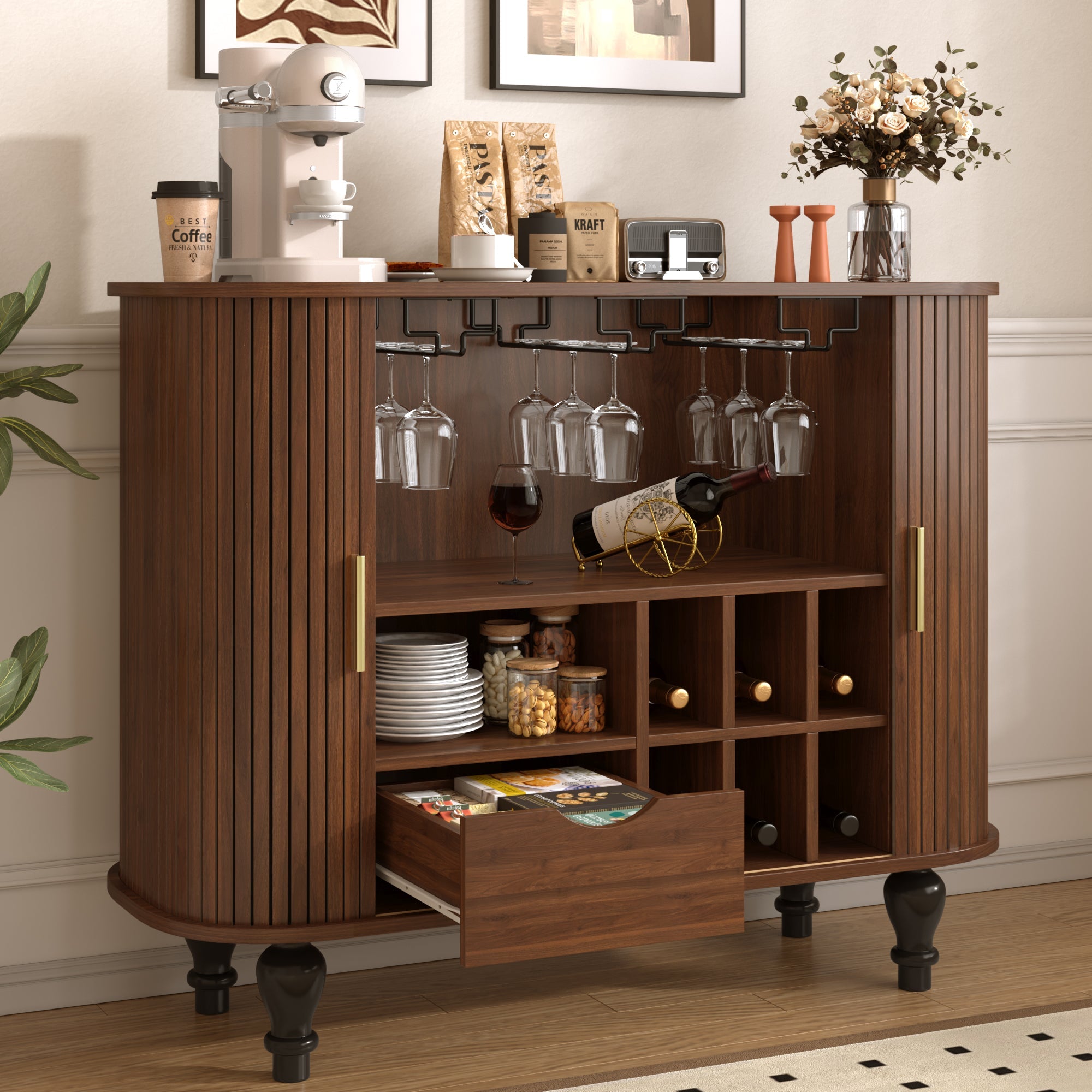 39" Fluted Liquor and Coffee Bar Cabinet with Wine Racks Glass Holders Storage