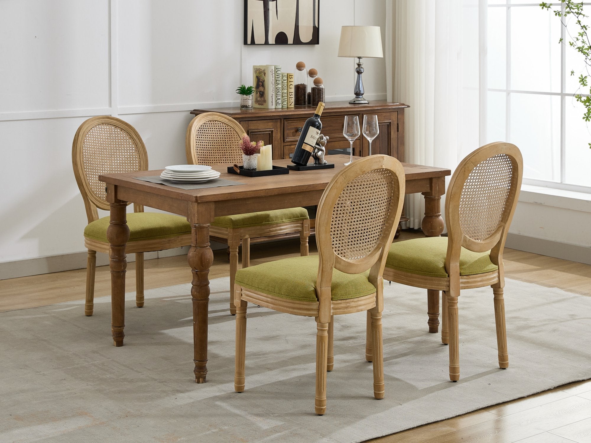 French Style Solid Wood Frame Linen Fabric Dining Chair (Set of 2)
