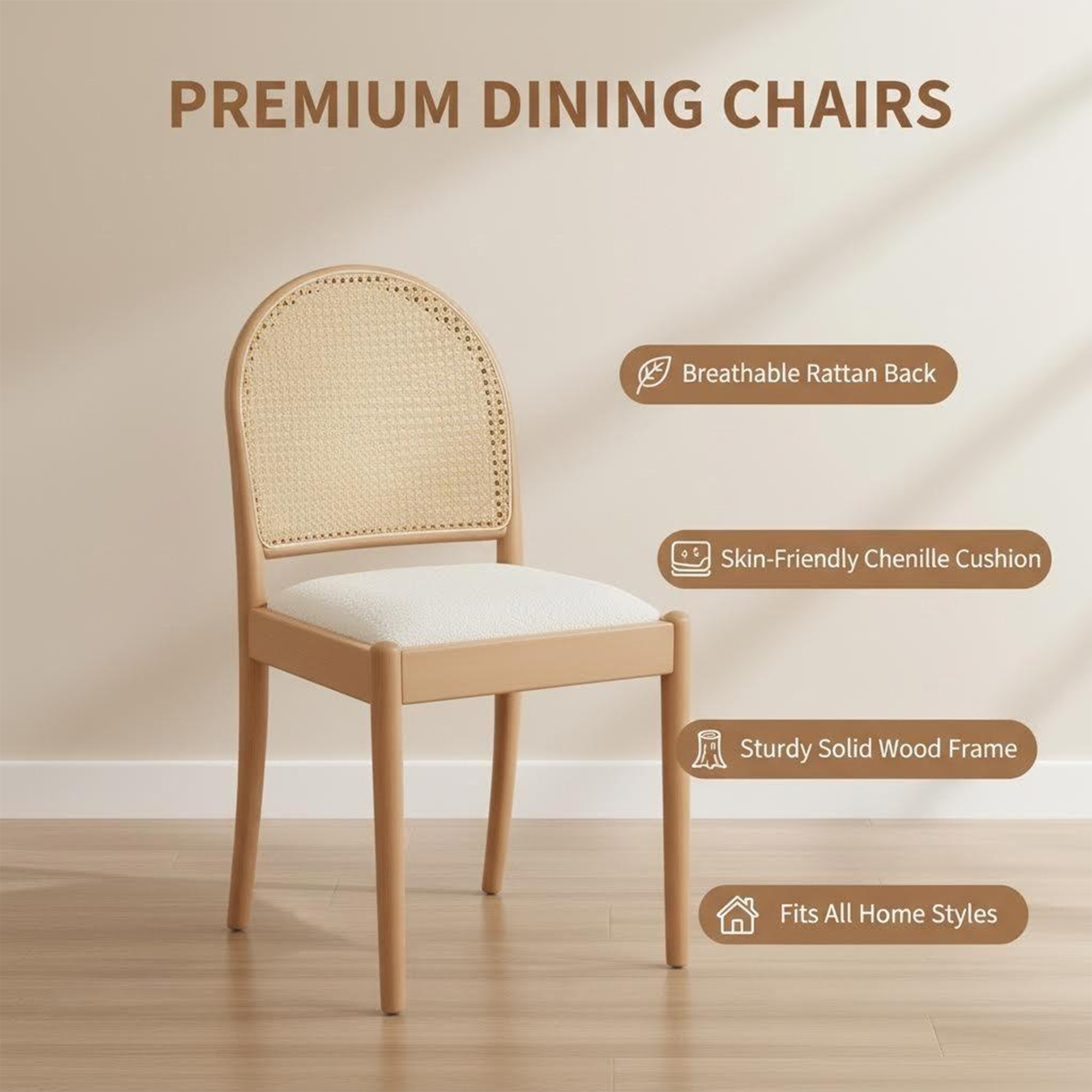 Set of 2 Rattan Dining Chairs Upholstered Linen Modern Wood-Leg Kitchen Chairs