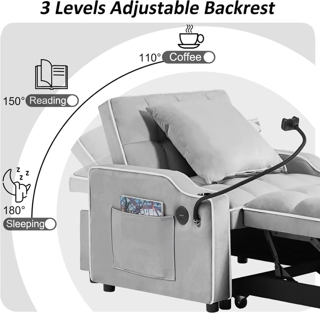 Velvet Foldable Sofa Bed Adjustable Back with USB, Ashtray & Phone Stand