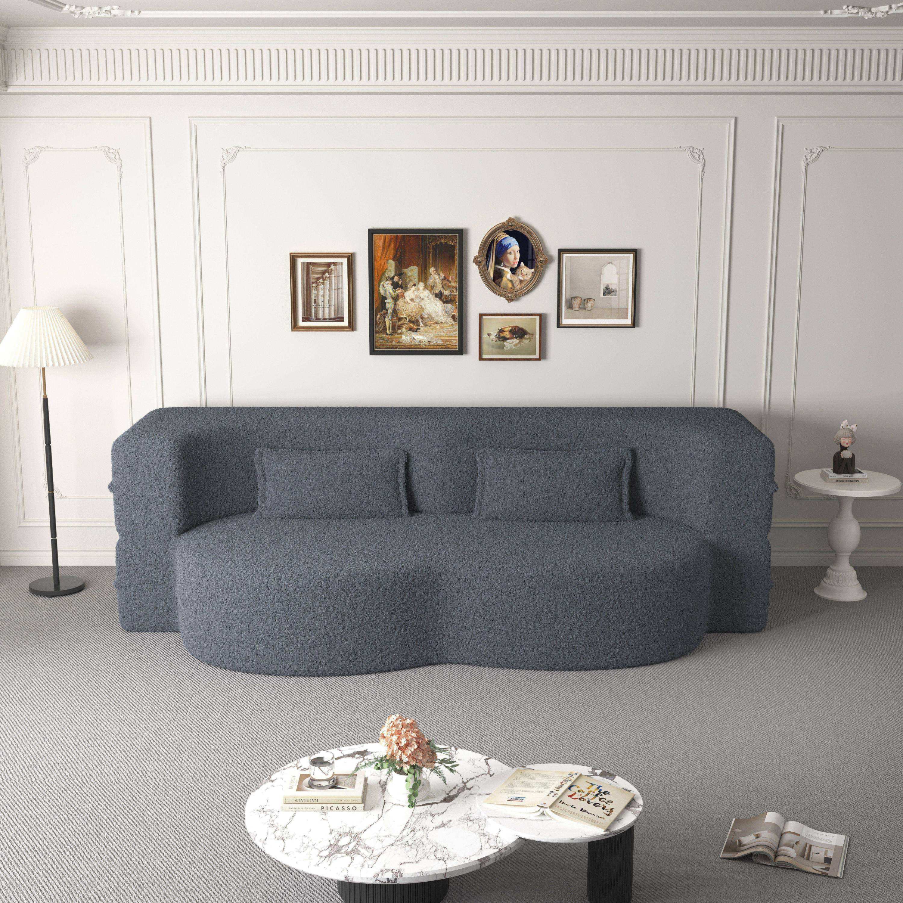 Modern Convertible Teddy Fabric Sofa with 2 Pillows
