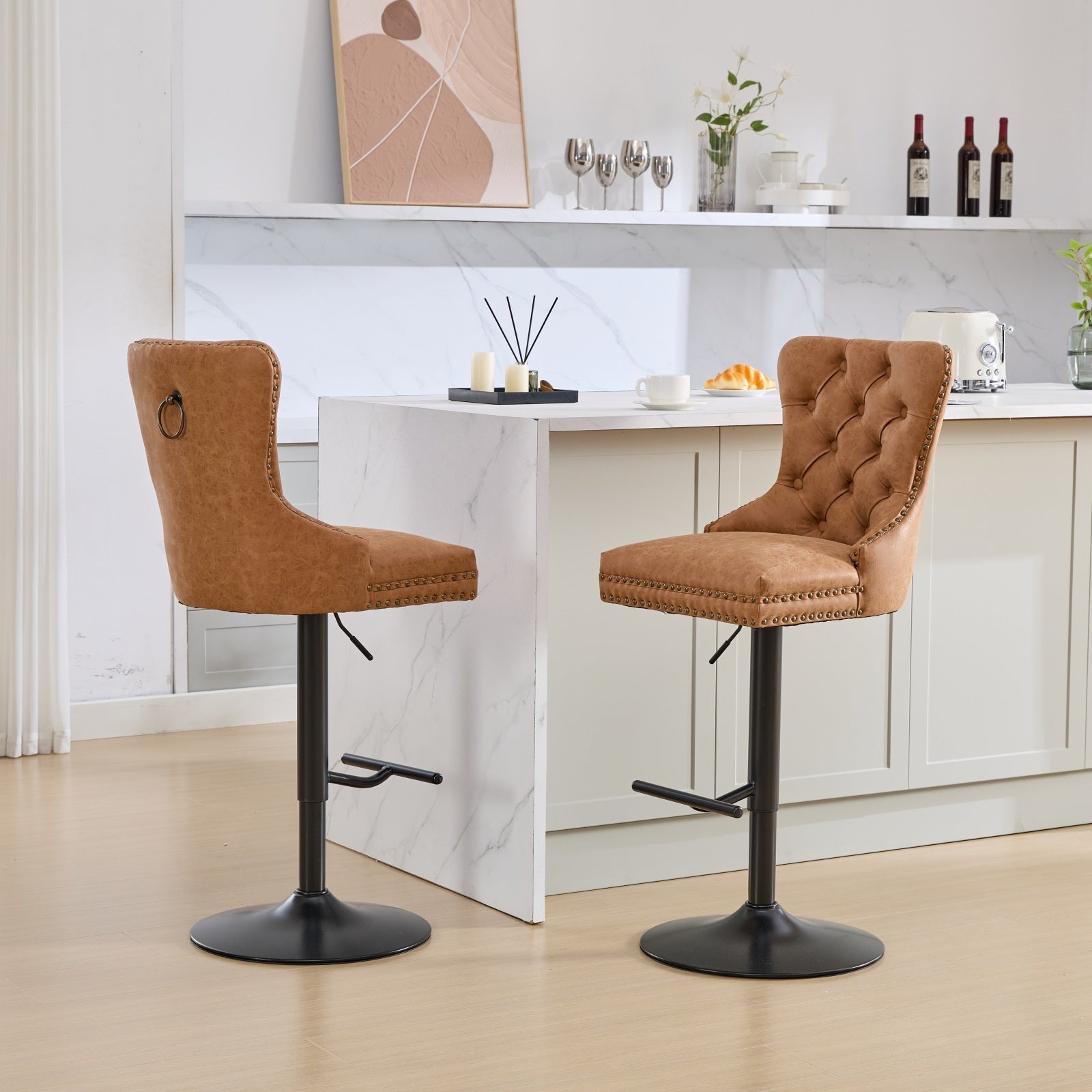 Aged and Retro PU Swivel Barstools Adjusatble Seat Height (Set of 2)