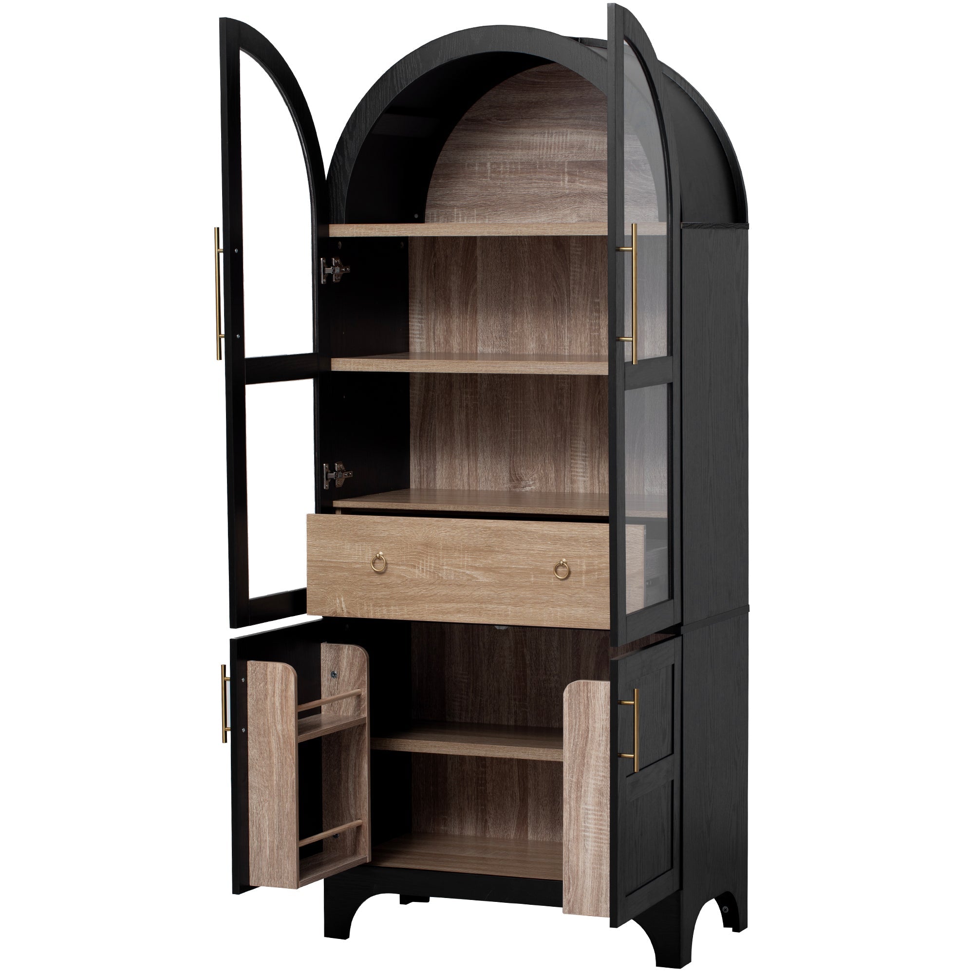 71" Tall Arched Farmhouse Kitchen Pantry Cabinet with Door Shelves