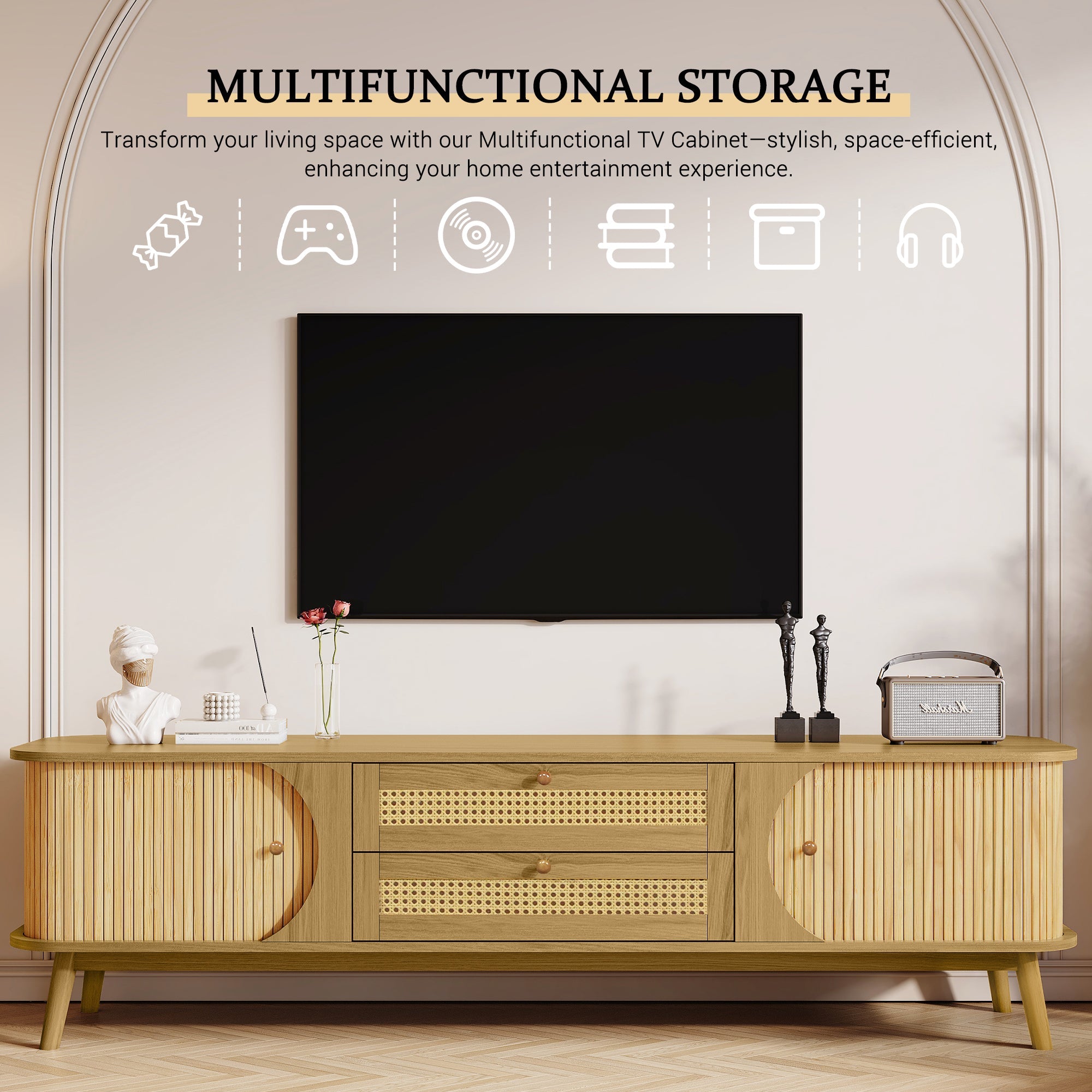 Modern Farmhouse Rattan TV Stand  Up to 75''
