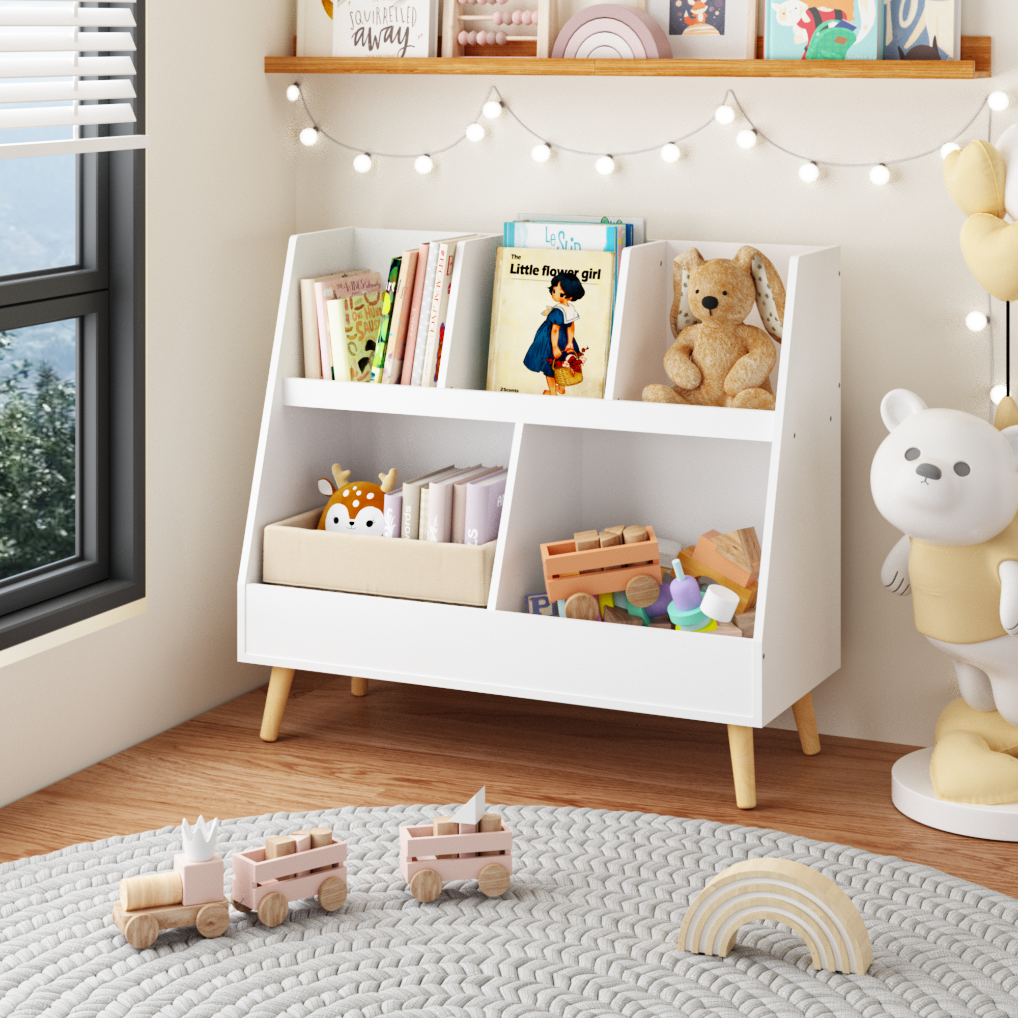 Modern Kids Bookshelf and Toy Organizer with White MDF and Pine Legs