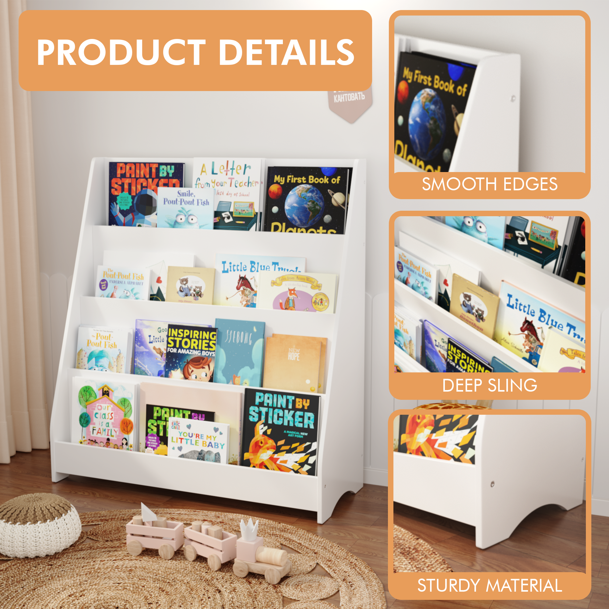 4-Tier MDF Toddler Book Display Shelves Kids Bookshelf